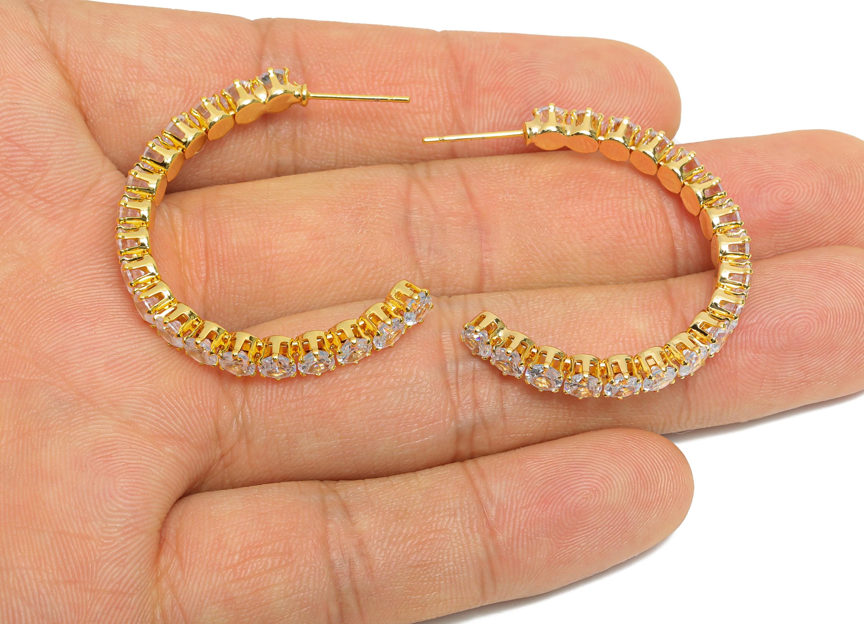 Sparkling C Hoop Post - Inlay Circle Glass Earring Studs - Opulent Gold Brass Jewelry - 18K Real Gold Plated - 34.6x27.53x4.77mm - RGP9939 - DOMEDBAZAAR
