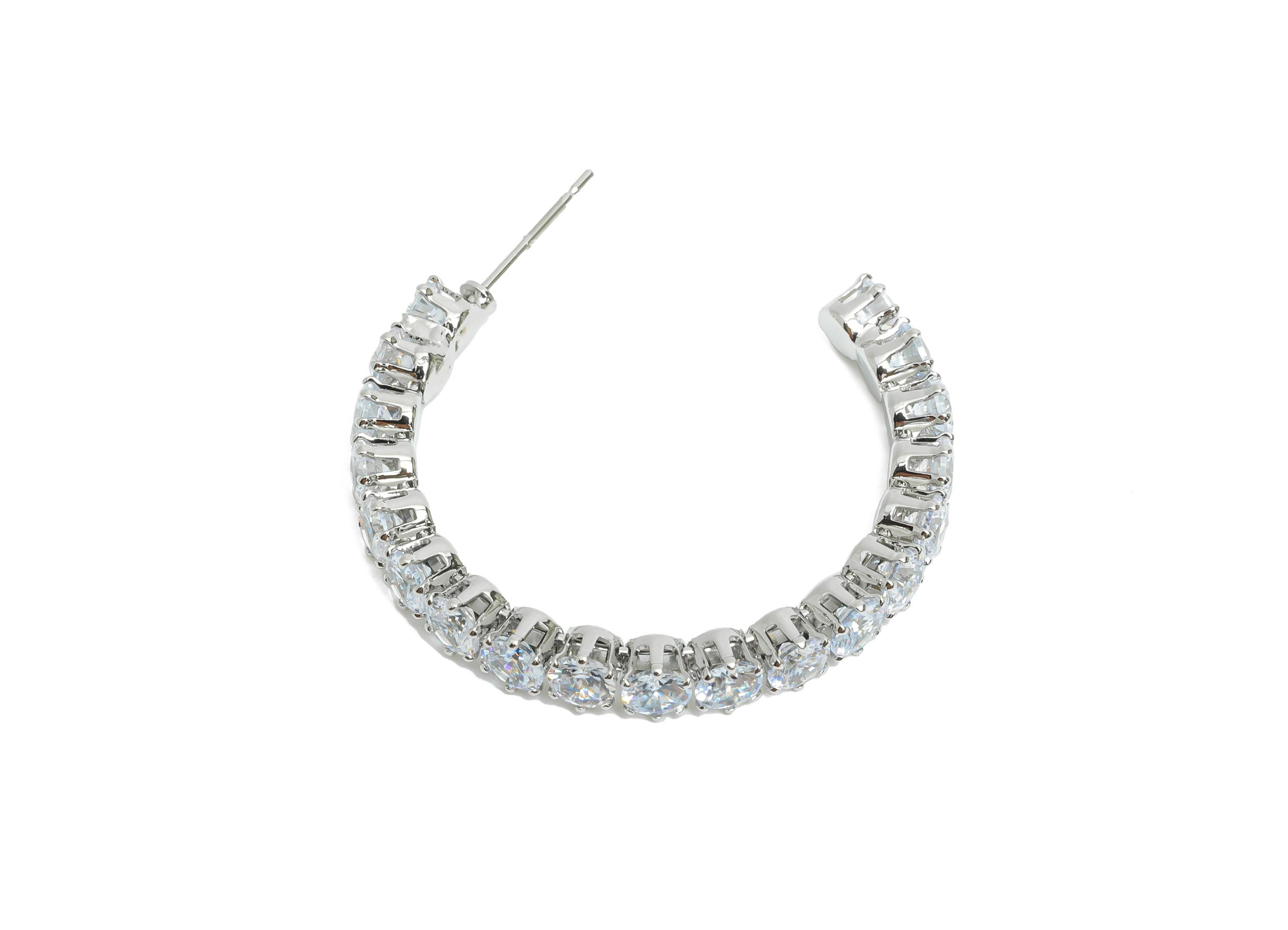 Sparkling C Hoop Post - Inlay Circle Glass Earring Studs - Opulent Silver Brass Jewelry - 18K White Gold Plated - 34.6x27.53x4.77mm-RGP9939S - DOMEDBAZAAR