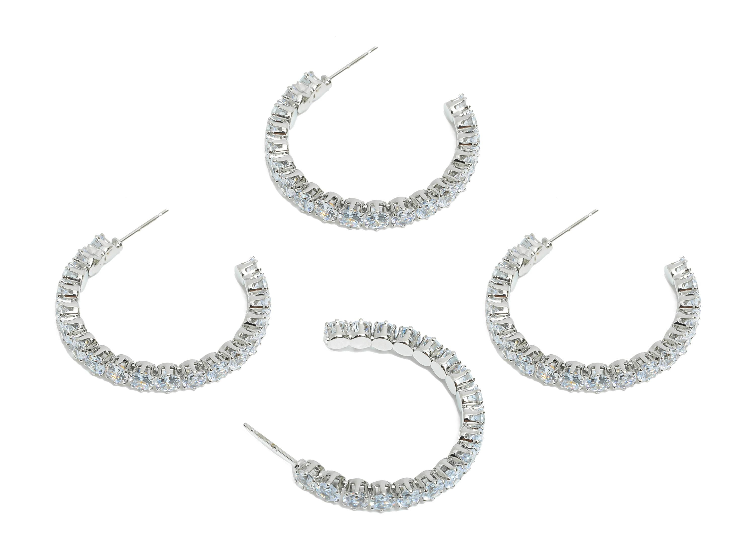 Sparkling C Hoop Post - Inlay Circle Glass Earring Studs - Opulent Silver Brass Jewelry - 18K White Gold Plated - 34.6x27.53x4.77mm-RGP9939S - DOMEDBAZAAR