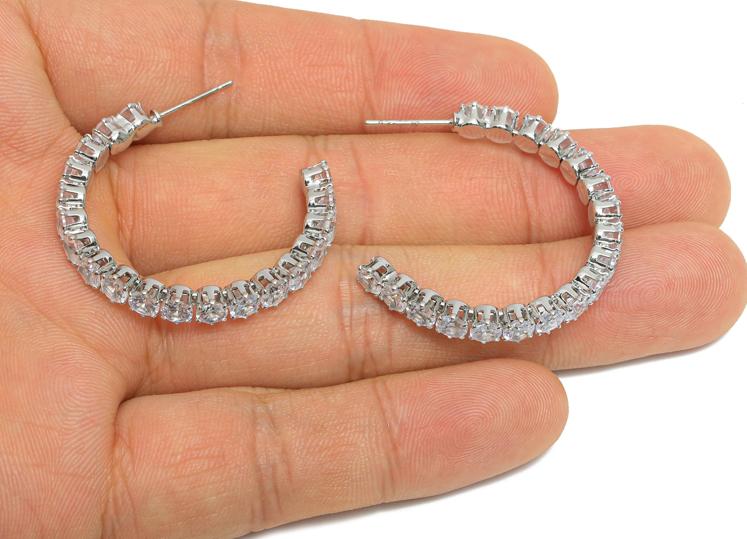 Sparkling C Hoop Post - Inlay Circle Glass Earring Studs - Opulent Silver Brass Jewelry - 18K White Gold Plated - 34.6x27.53x4.77mm-RGP9939S - DOMEDBAZAAR
