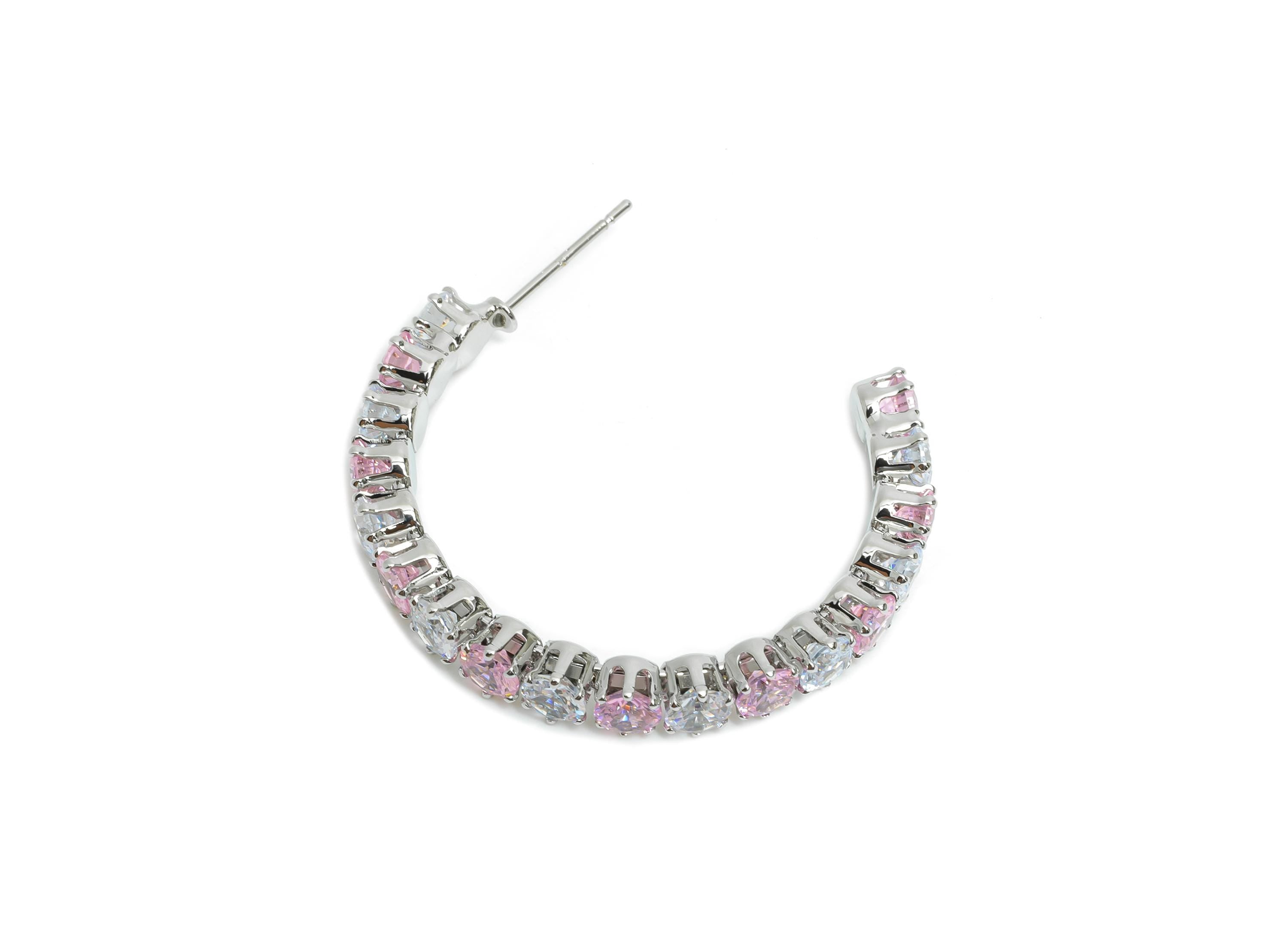 Sparkling C Hoop Post - Inlay Circle Glass Earring Studs - Opulent Silver Brass Jewelry - 18K White Gold Plated - 35x27.6x4.8mm - RGP9940S - DOMEDBAZAAR