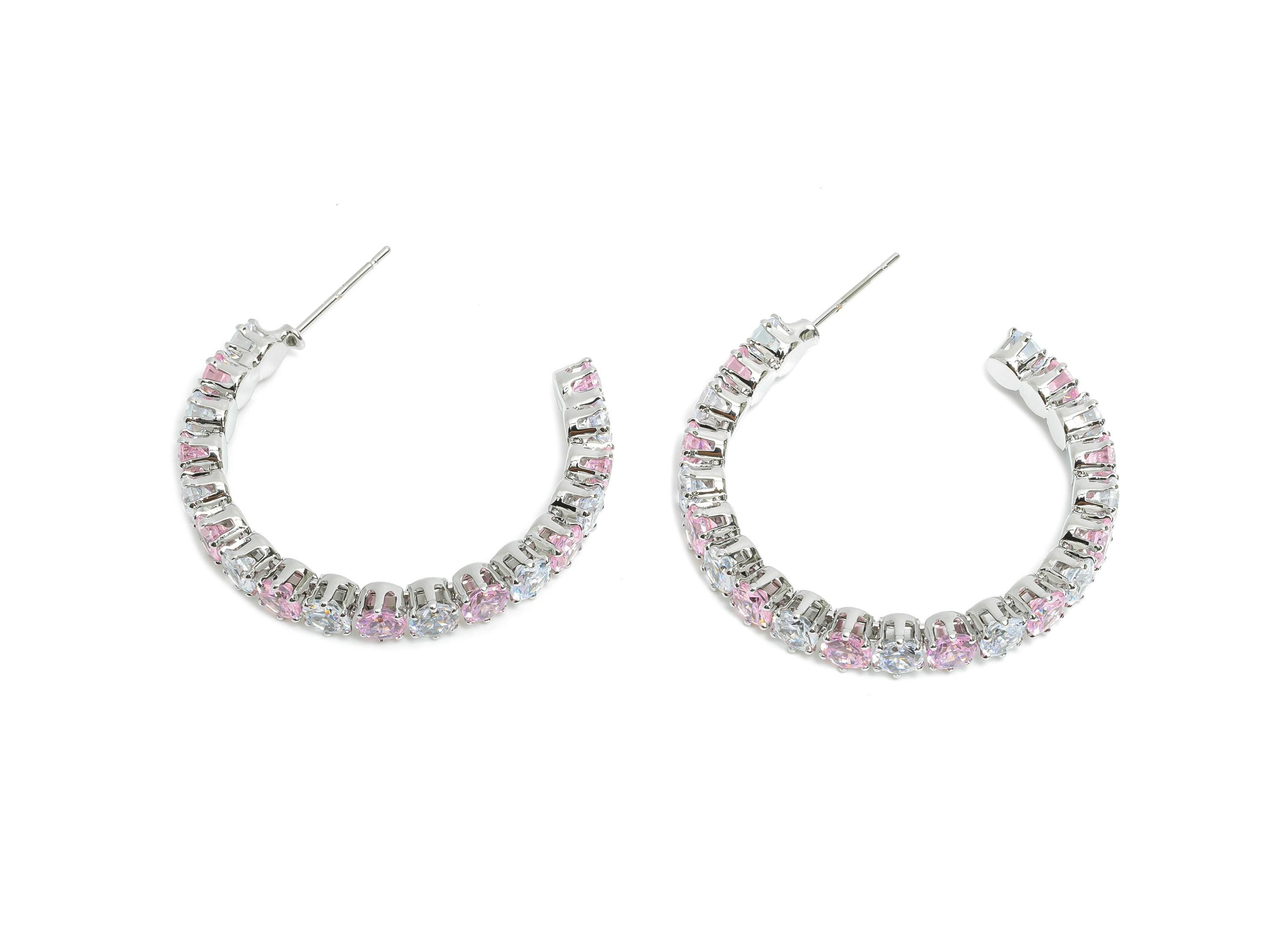 Sparkling C Hoop Post - Inlay Circle Glass Earring Studs - Opulent Silver Brass Jewelry - 18K White Gold Plated - 35x27.6x4.8mm - RGP9940S - DOMEDBAZAAR