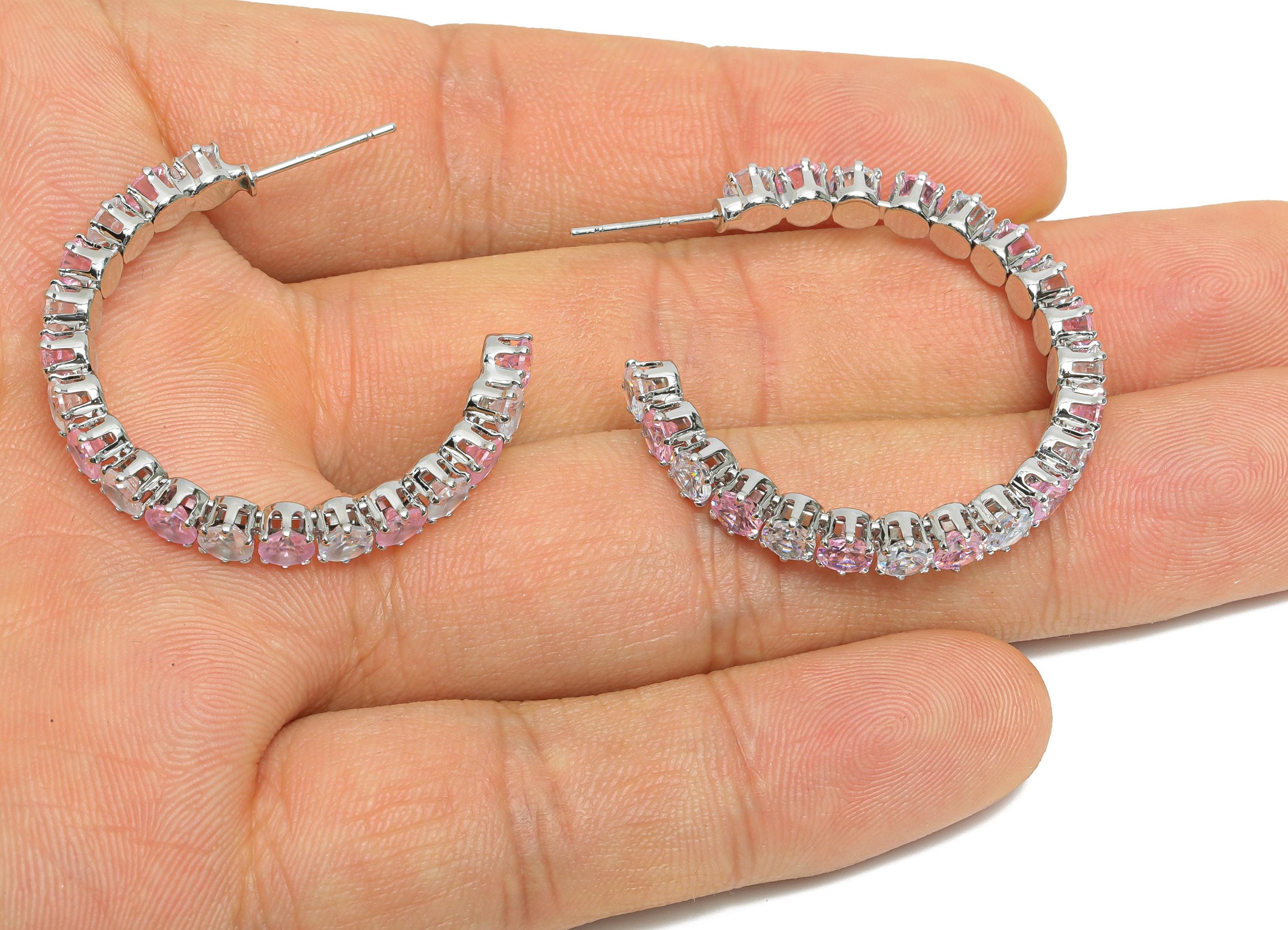 Sparkling C Hoop Post - Inlay Circle Glass Earring Studs - Opulent Silver Brass Jewelry - 18K White Gold Plated - 35x27.6x4.8mm - RGP9940S - DOMEDBAZAAR