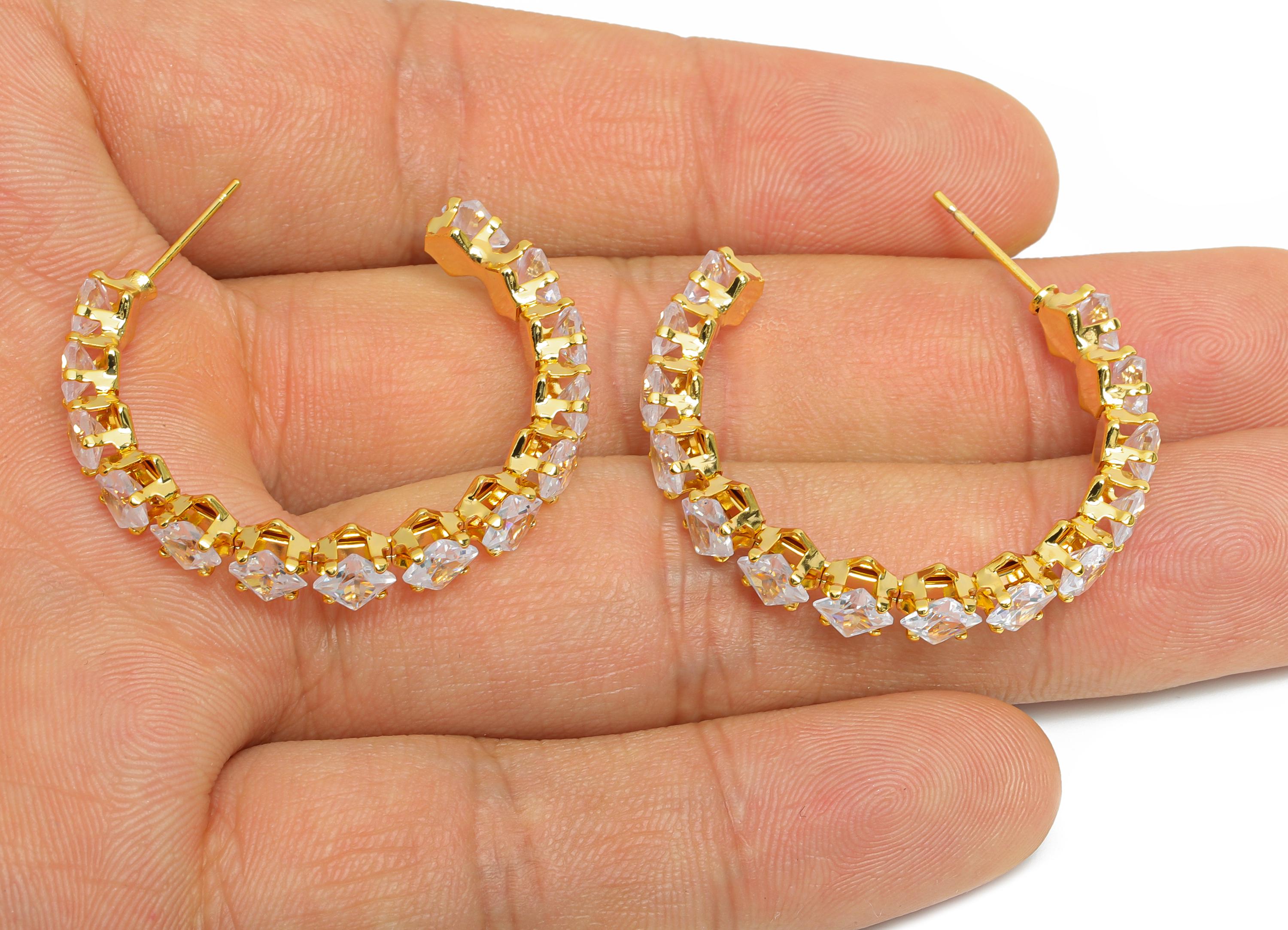Sparkling C Hoop Post - Inlay Diamond Glass Earring Stud - Luxurious Gold Brass Jewelry - 18K Real Gold Plated Brass - 35x30x5.5mm - RGP9948 - DOMEDBAZAAR