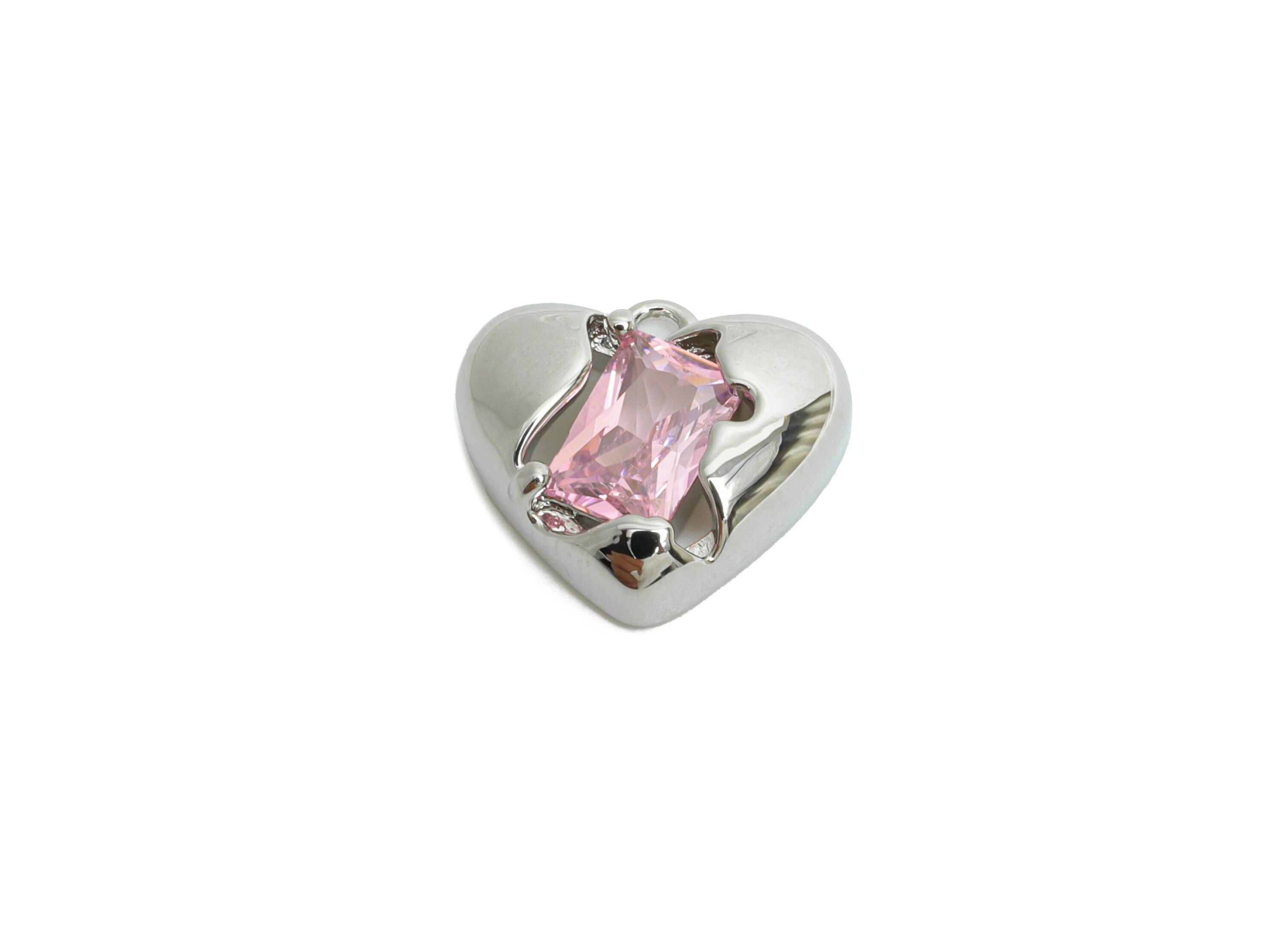 Brass Heart Earring Charm - Sparking Rectangle Cubic Zircon Charm - Romantic Jewelry - 18K Real White Gold Plating - 11x10x3mm - RGP9899S - DOMEDBAZAAR