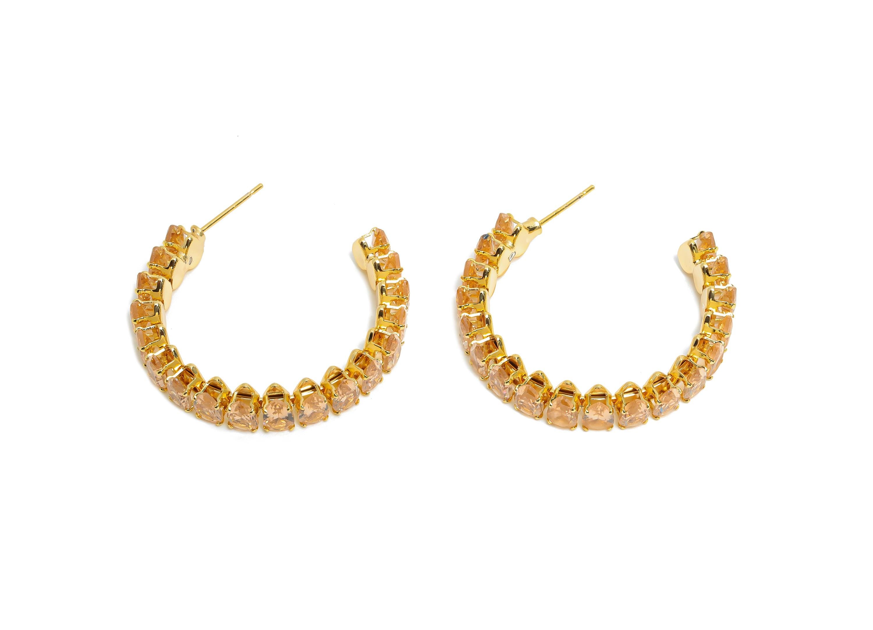 Sparkling C Hoop Post - Inlay Drop Pink Glass Earring Studs - Opulent Gold Brass Jewelry - 18K Real Gold Plated Brass- 35x30x6.1mm - RGP9953 - DOMEDBAZAAR