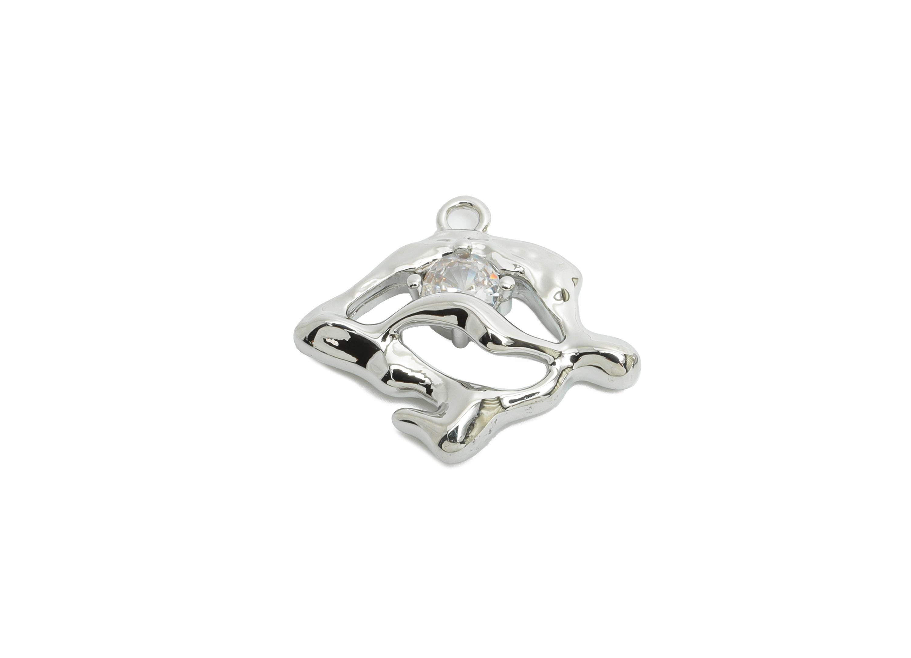 Brass Irregular Earring Charm - Modern Geometric Cubic Zircon Charm - Abstract Pendant - 18K Real White Gold Plating - 17x15x4mm - RGP9936S - DOMEDBAZAAR