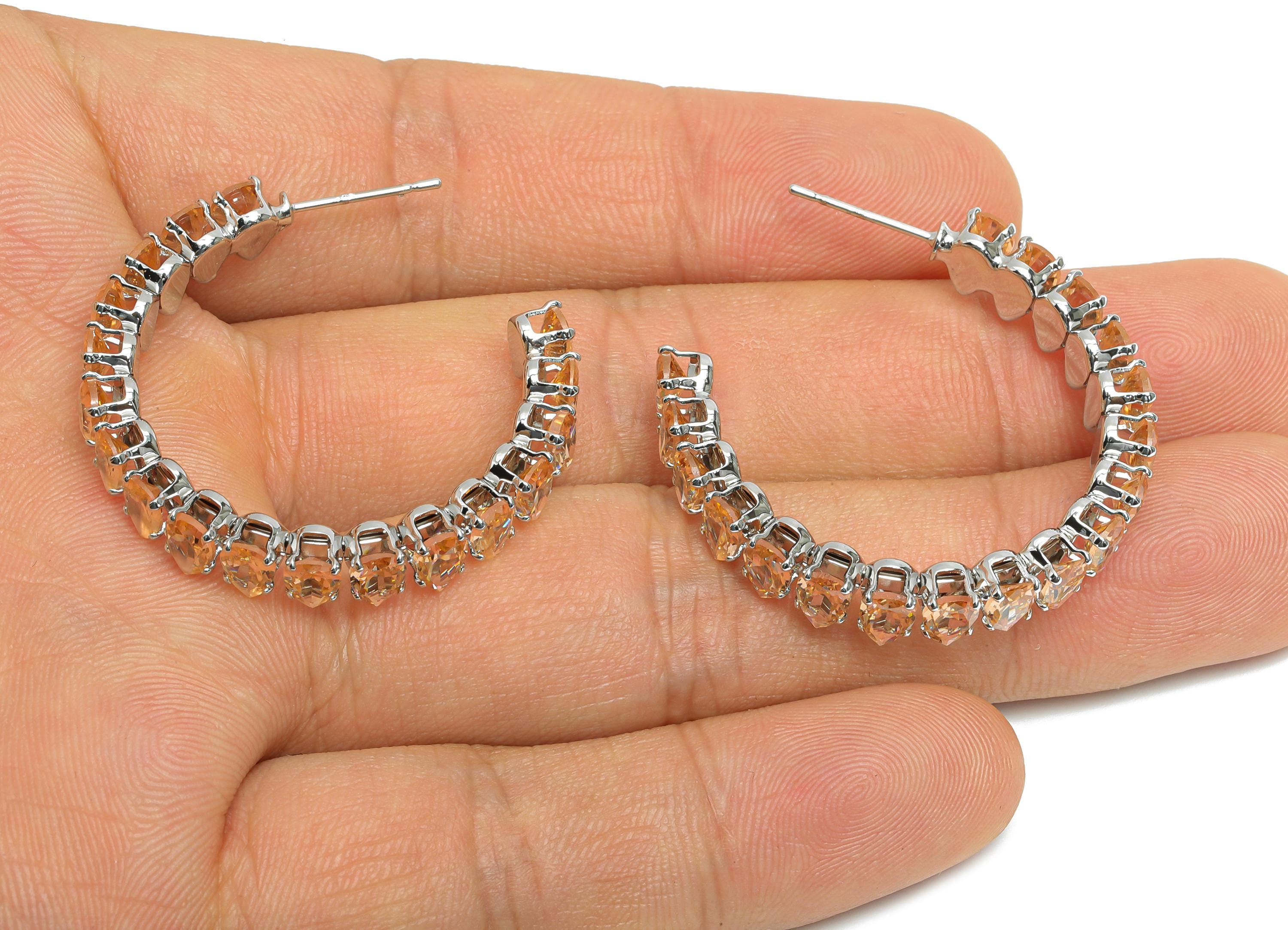 Sparkling C Hoop Post - Inlay Drop Pink Glass Earring Studs - Opulent Silver Brass Jewelry - 18K White Gold Plated - 35x30x6.1mm - RGP9953S - DOMEDBAZAAR