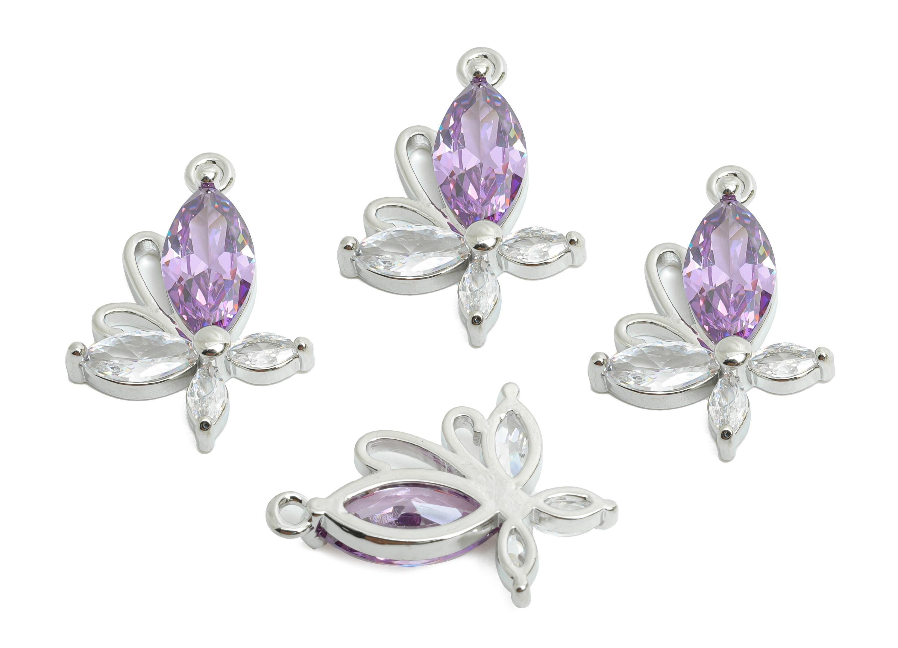 Brass Butterfly Earring Charm - Modern Marquise Cubic Zircon Charm - Luxury Silver Pendant - 18K Real White Gold Plated - 22x16x4mm-RGP9889S - DOMEDBAZAAR