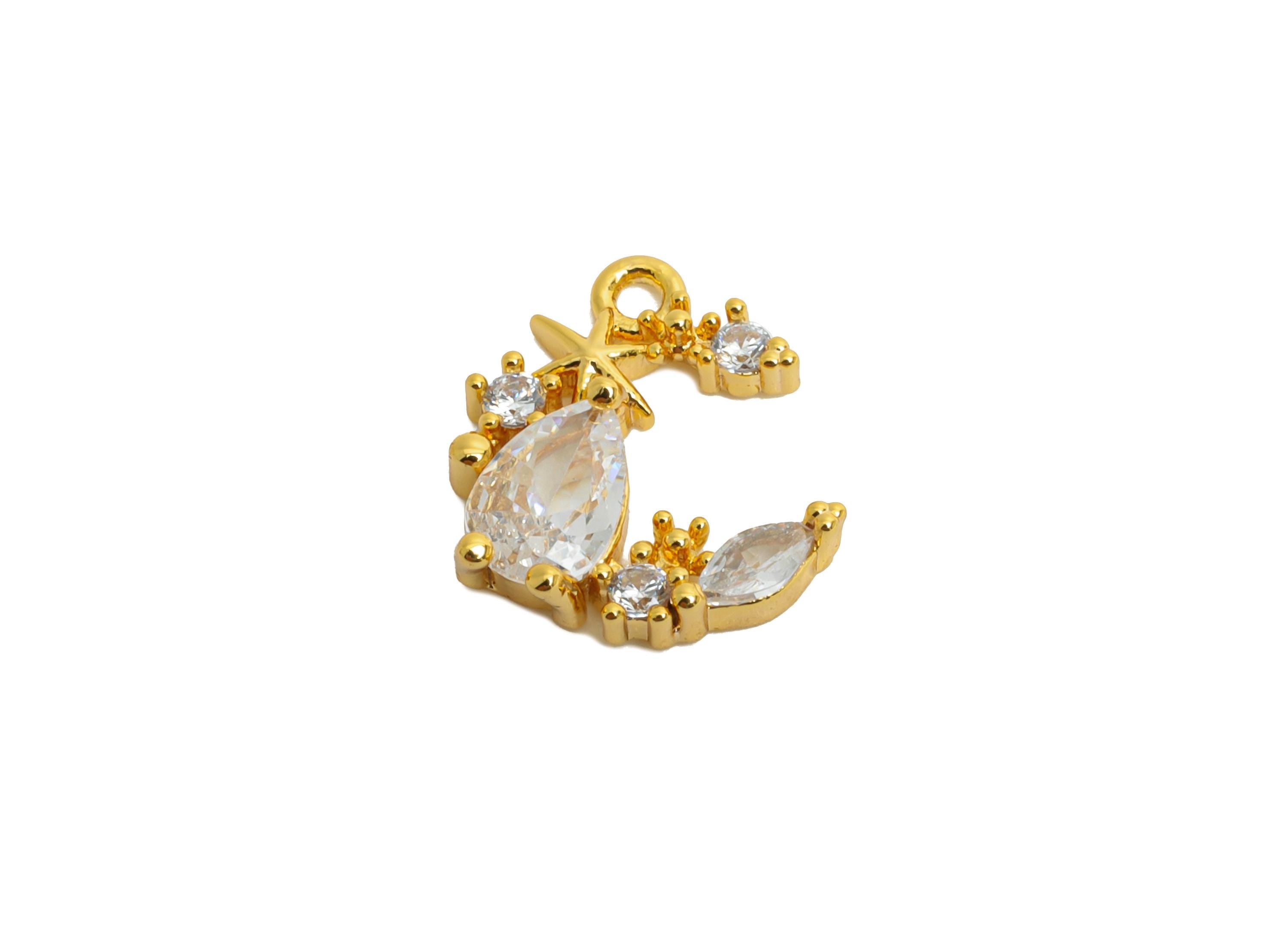 Brass Crescent Earring Charm - Sparking Teardrop Cubic Zircon Charm - Luxury Marquise Pendant - 18K Real Gold Plating - 12x10x3mm - RGP9901 - DOMEDBAZAAR
