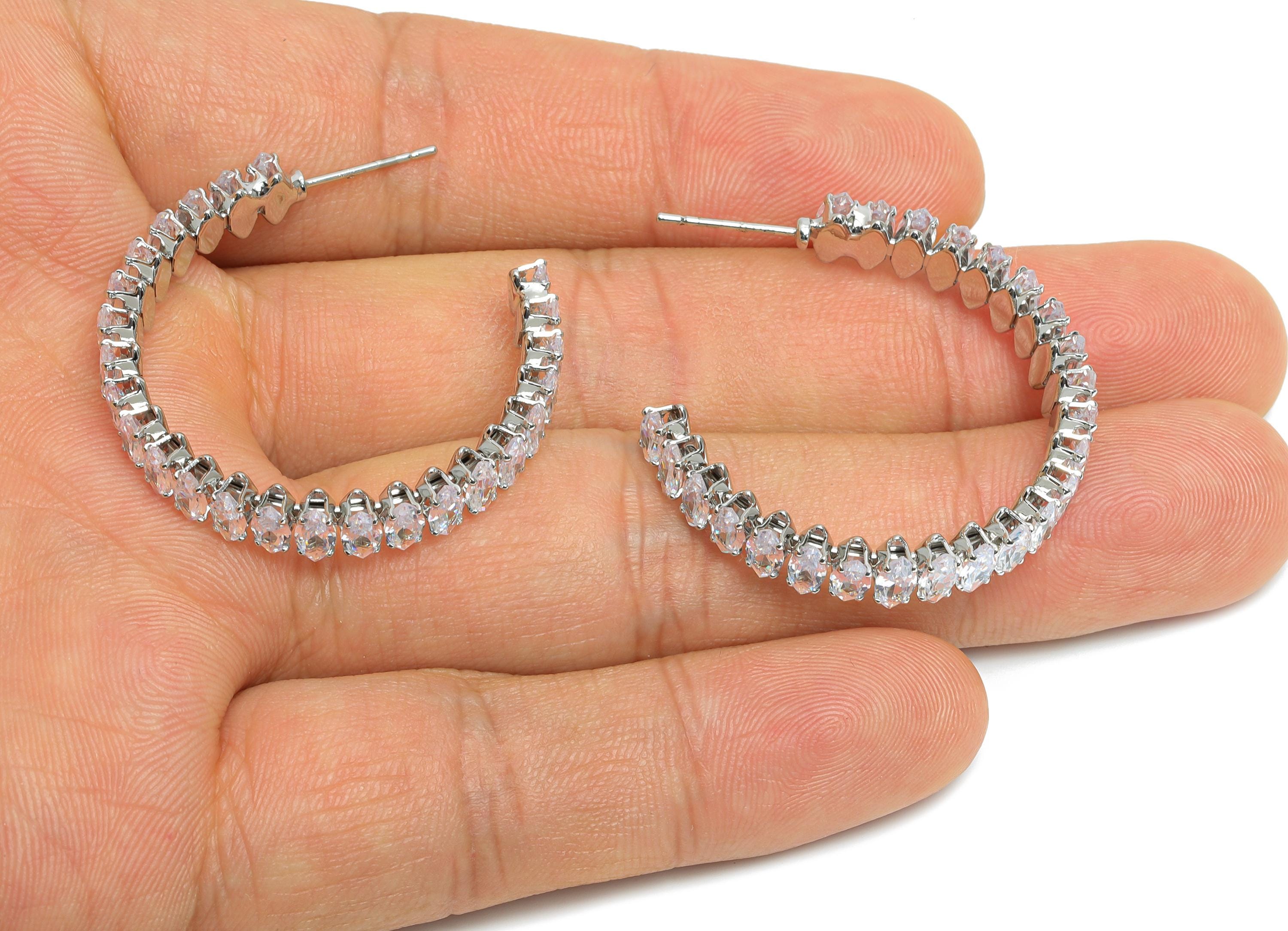 Sparkling C Hoop Post - Inlay Marquise Glass Earring Stud - Luxurious Silver Brass Jewelry - 18K White Gold Plated - 33.6x29x6mm -RGP9942S - DOMEDBAZAAR