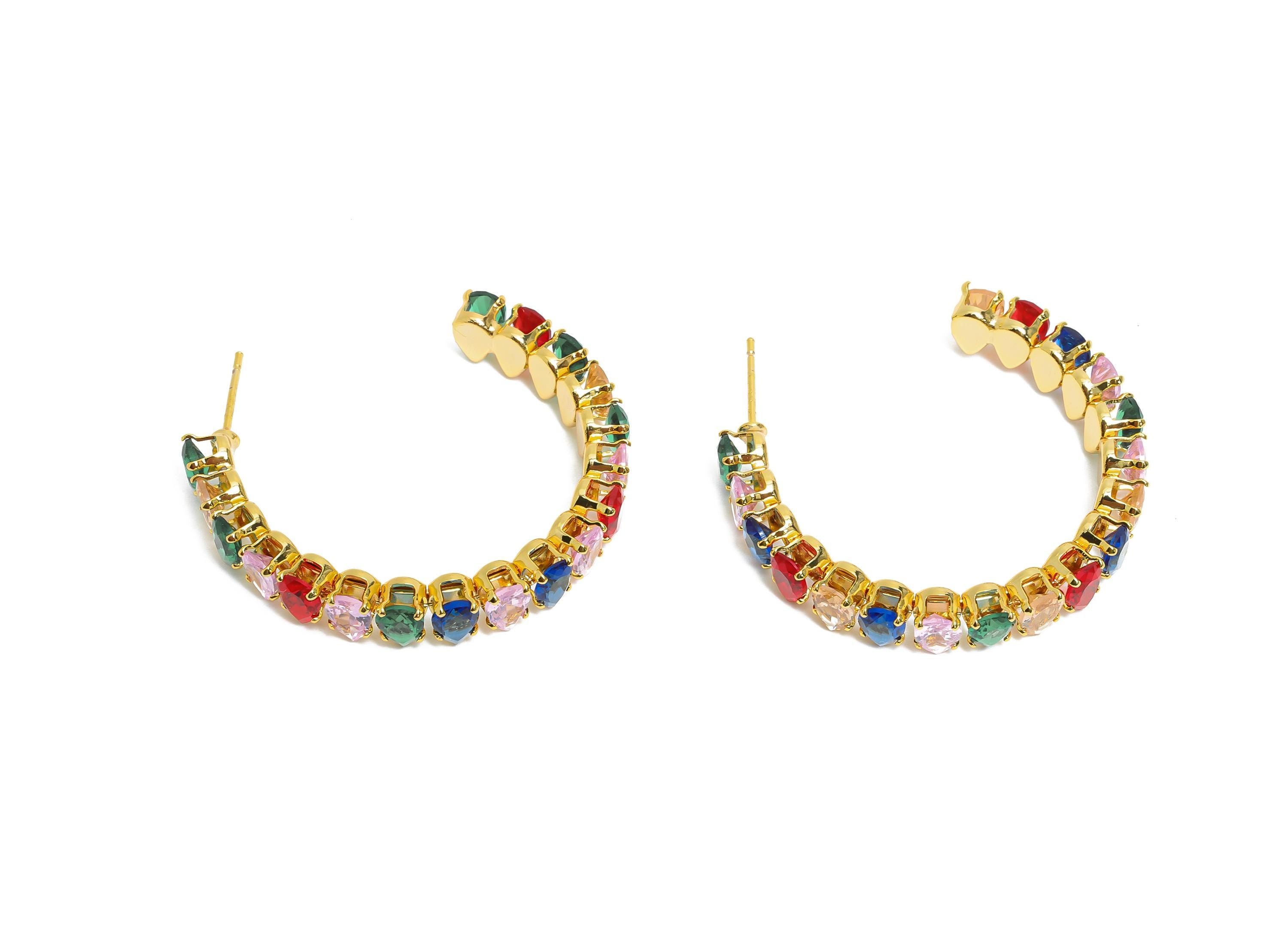 Sparkling C Hoop Post - Inlay Drop Colorful Glass Earring Stud - Luxurious Gold Brass Jewelry - 18K Real Gold Plated - 35x30x6.1mm - RGP9954 - DOMEDBAZAAR