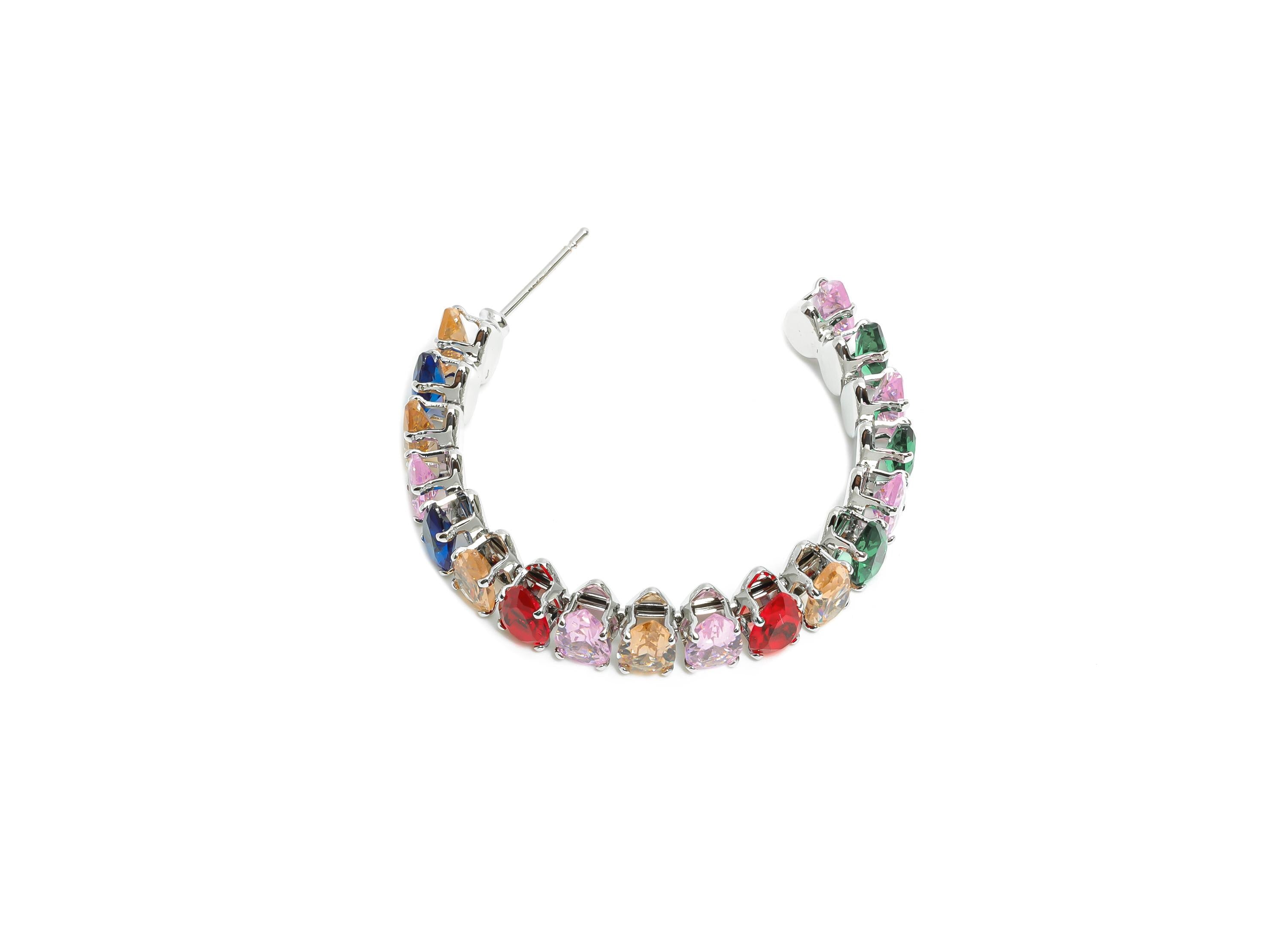 Sparkling C Hoop Post - Inlay Drop Colorful Glass Earring Stud - Luxurious Silver Brass Jewelry -18K White Gold Plated -35x30x6.1mm-RGP9954S - DOMEDBAZAAR
