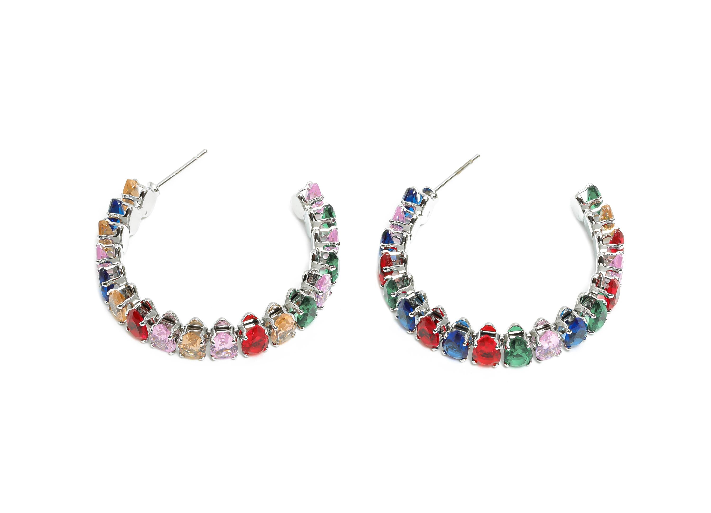 Sparkling C Hoop Post - Inlay Drop Colorful Glass Earring Stud - Luxurious Silver Brass Jewelry -18K White Gold Plated -35x30x6.1mm-RGP9954S - DOMEDBAZAAR