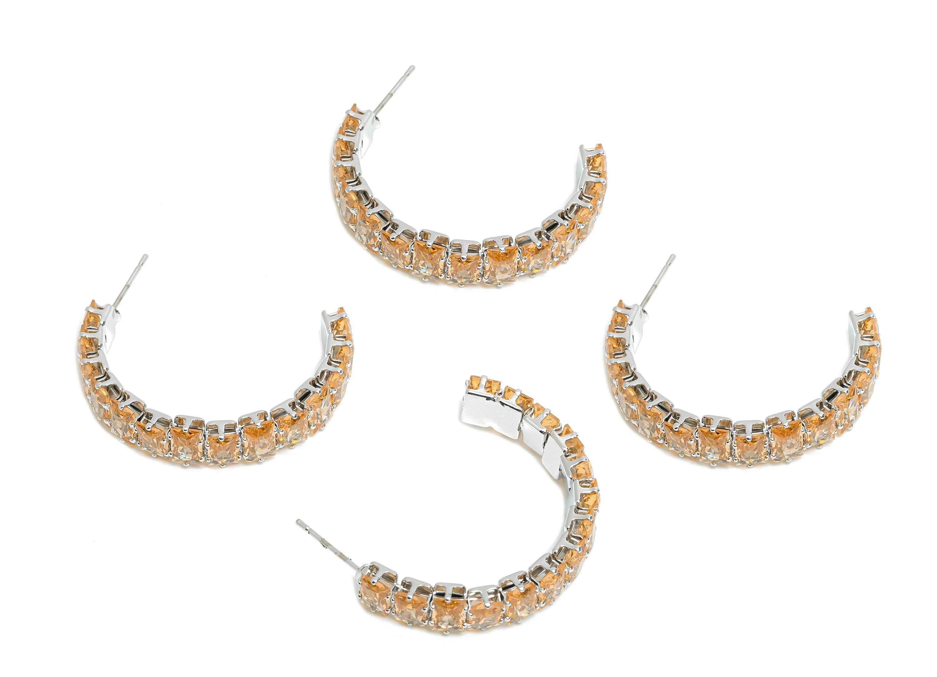 Sparkling C Hoop Post - Inlay Rectangle Rose Gold Glass Earring - Refined Silver Brass Jewelry - 18K White Gold Plated - 35x24x7mm -RGP9951S - DOMEDBAZAAR