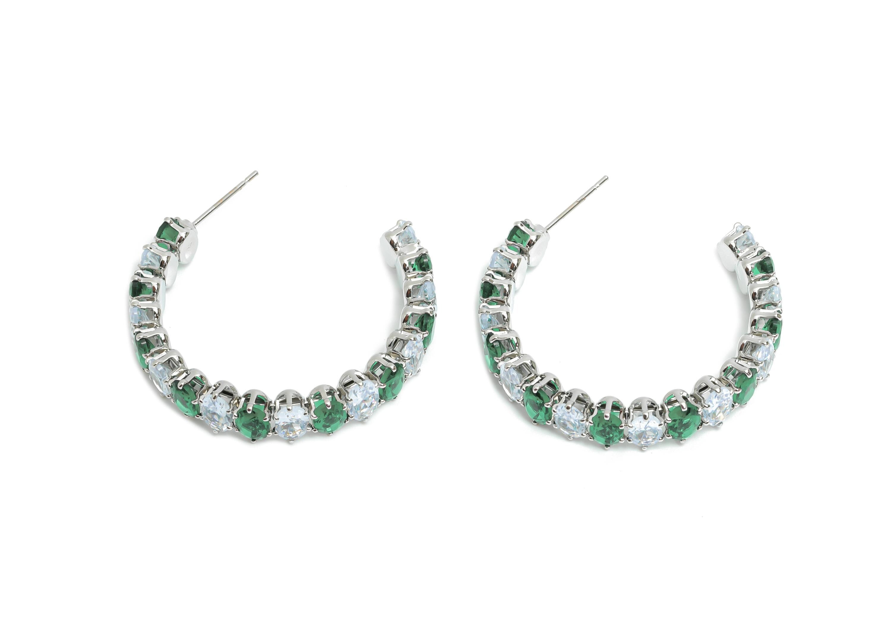 Sparkling C Hoop Post - Inlay Oval Glass Earring Studs - Romantic Silver Brass Jewelry - 18K White Gold Plating Brass - 36x30x7mm - RGP9946S - DOMEDBAZAAR