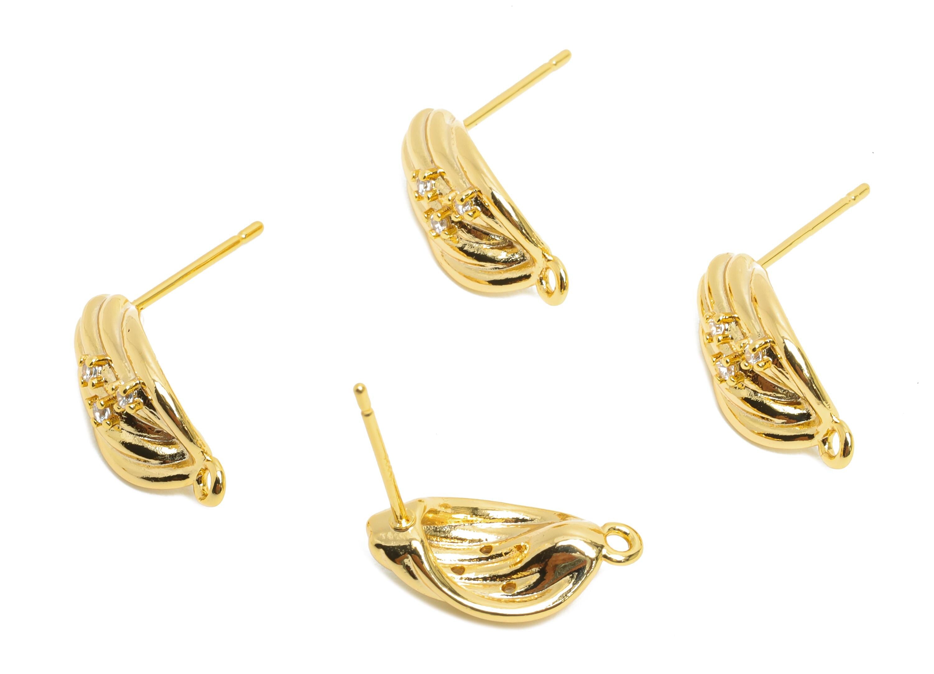 Twisted Brass CZ Post - Textured Zircon Gold Studs with Loop - Modern Geometric Jewelry - 18K Real Gold Plated - 15.3x8.2x5.3mm - RGP9907 - DOMEDBAZAAR