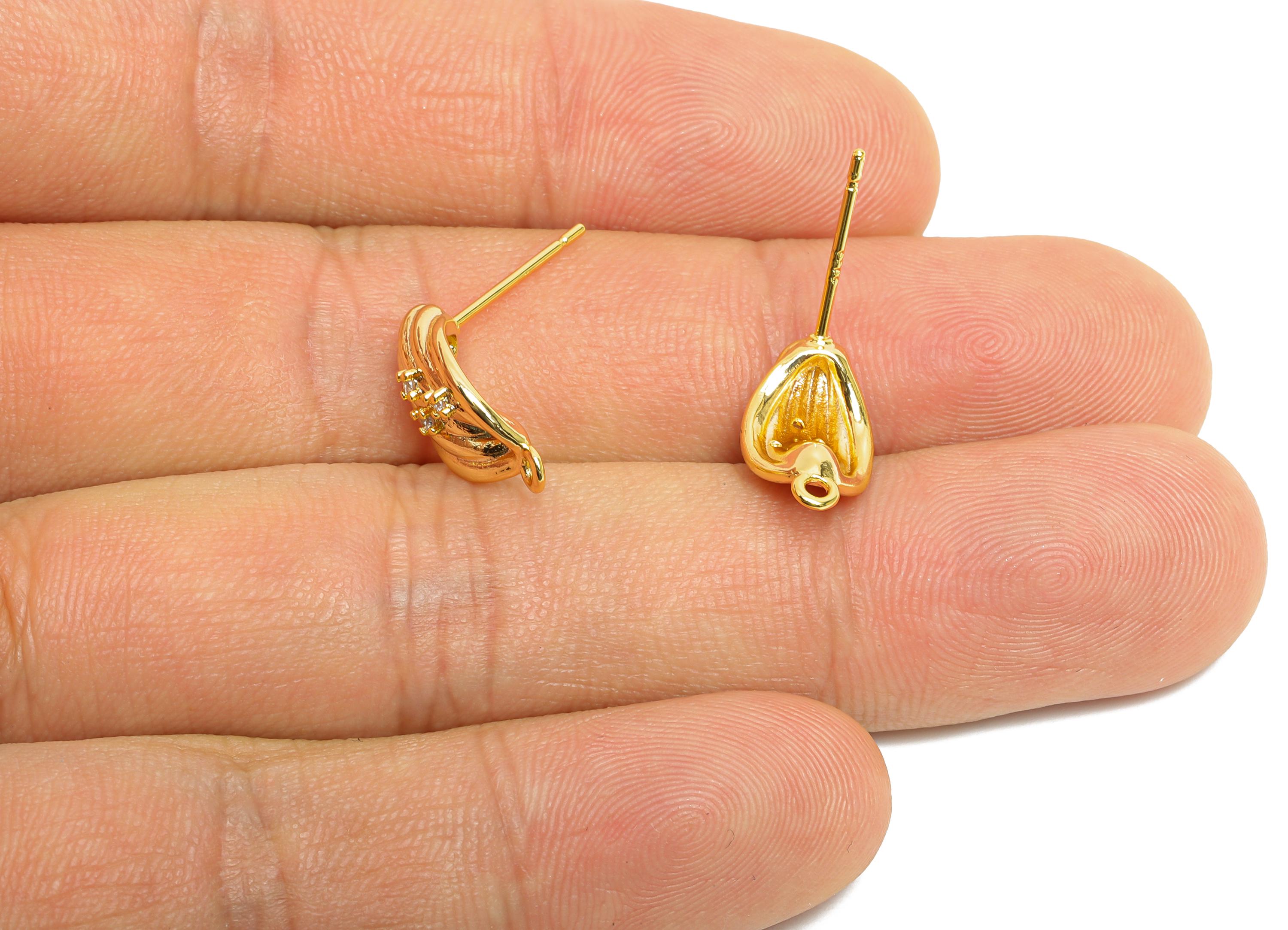 Twisted Brass CZ Post - Textured Zircon Gold Studs with Loop - Modern Geometric Jewelry - 18K Real Gold Plated - 15.3x8.2x5.3mm - RGP9907 - DOMEDBAZAAR