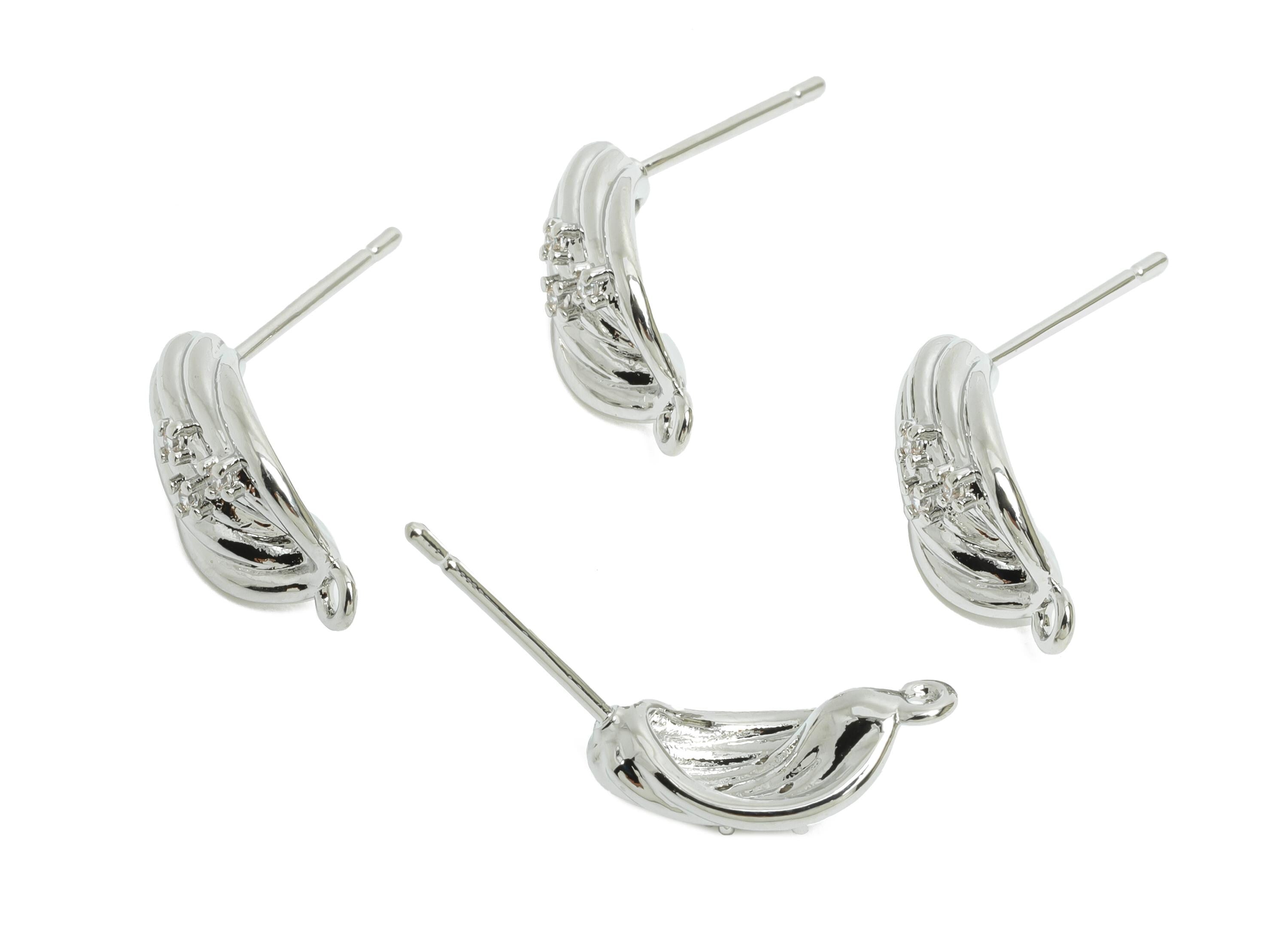 Twisted Brass CZ Post - Textured Zircon Silver Stud with Loop - Modern Geometric Jewelry - 18K White Gold Plated - 15.3x8.2x5.3mm - RGP9907S - DOMEDBAZAAR