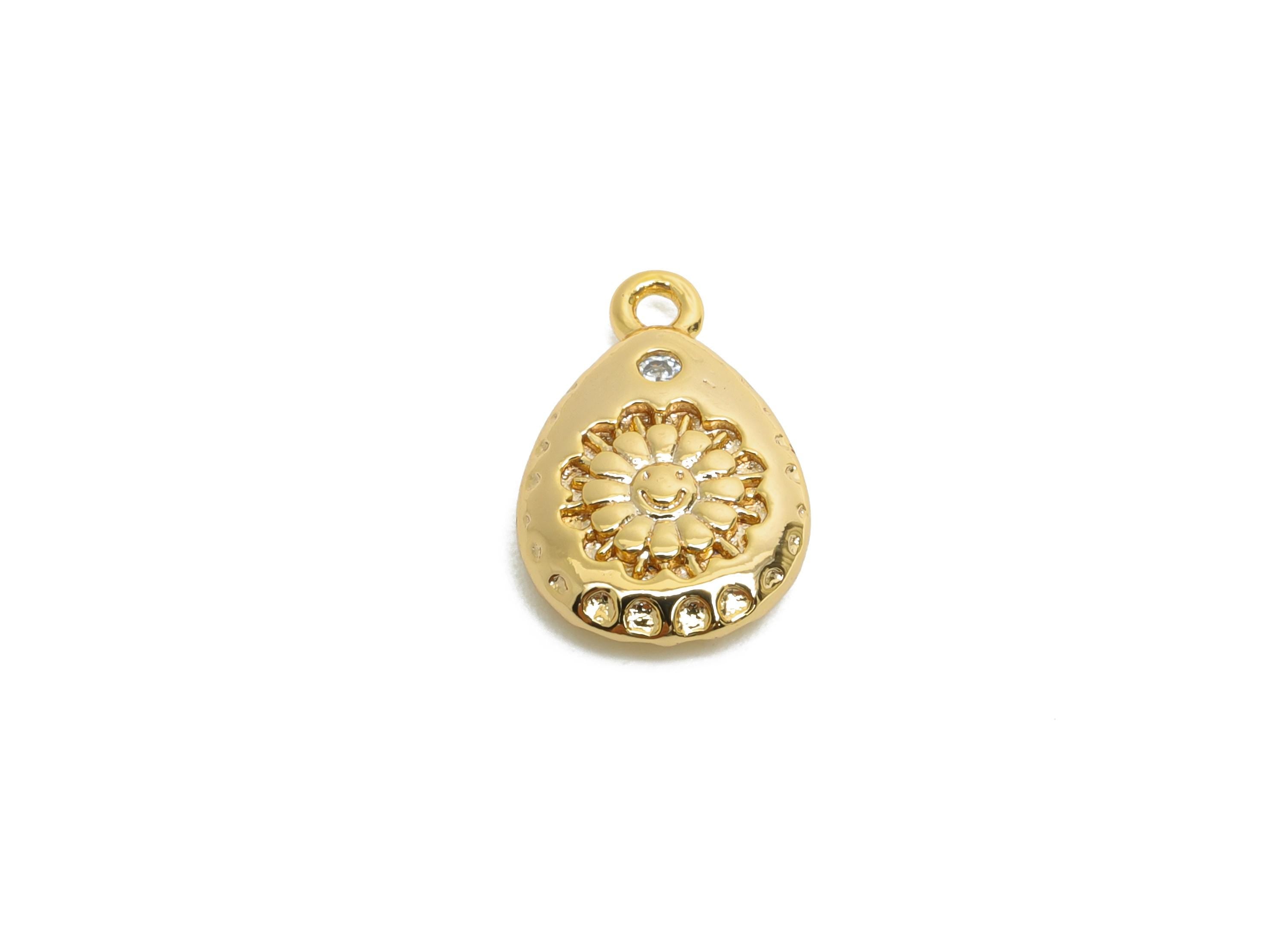 Brass Teardrop Daisy Charm - Vintage Geometry Cubic Zircon Earring Charm - Floral Textured Charm - 18K Real Gold Plated - 12x8x2mm -RGP9909 - DOMEDBAZAAR
