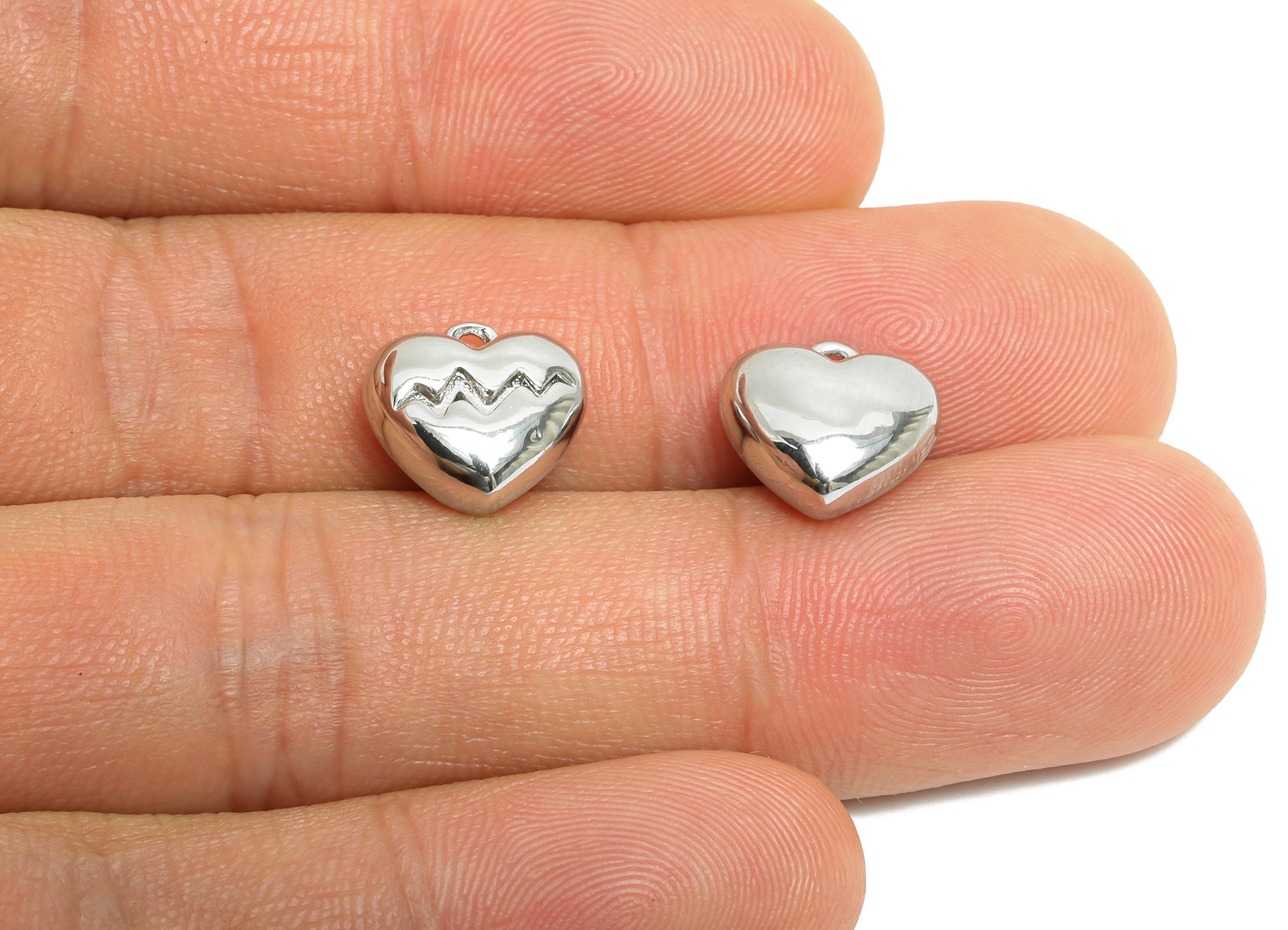 Brass Zigzag Heart Earring Charm - Sleek Silver Heart Pendant for Necklace - Refined Jewelry - 18K White Gold Plated -11x10x5.34mm -RGP9910S - DOMEDBAZAAR