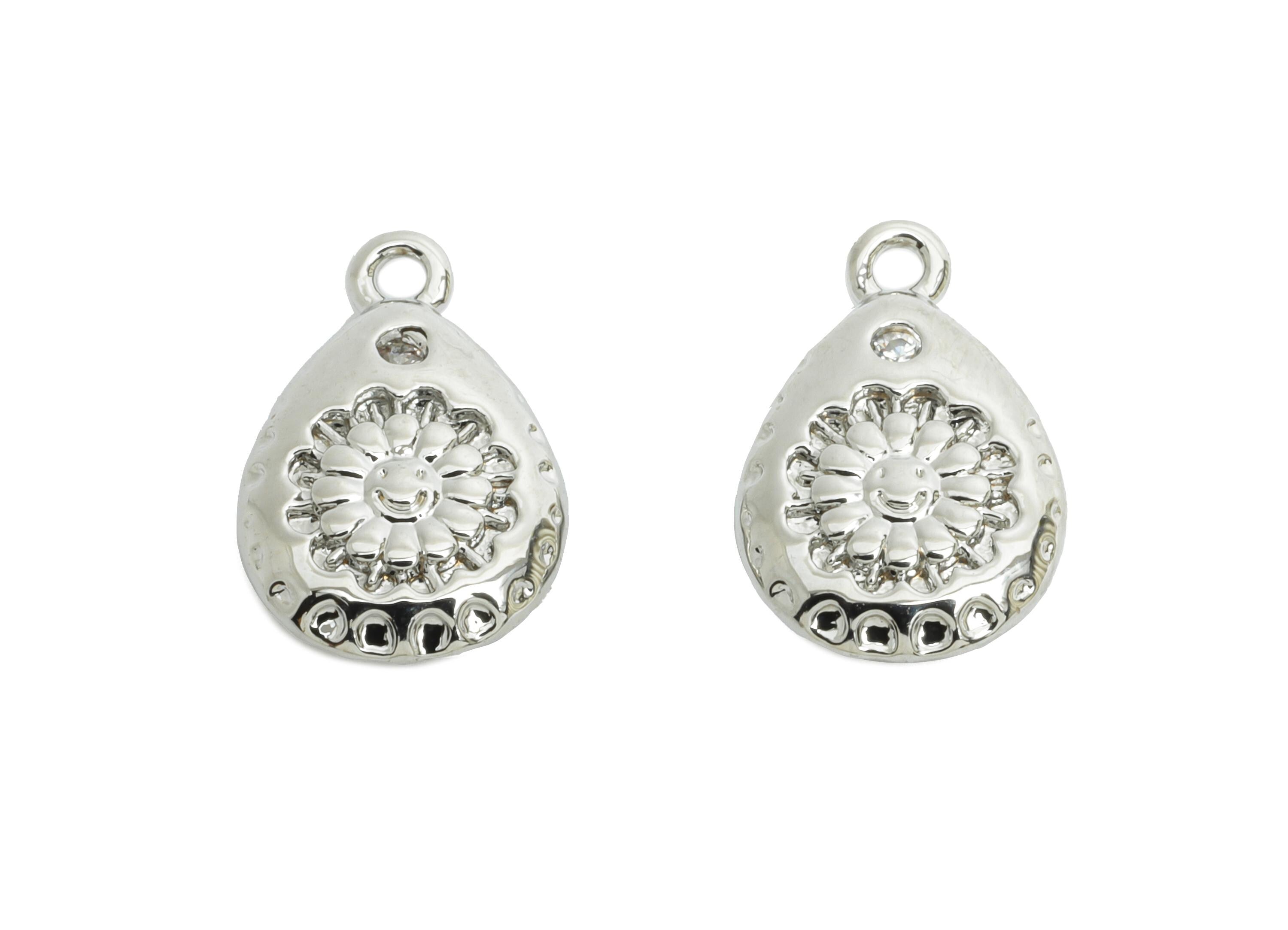Brass Teardrop Daisy Charm - Vintage Geometry Cubic Zircon Charm - Floral Textured Charm - 18K Real White Gold Plated - 12x8x2mm -RGP9909S - DOMEDBAZAAR