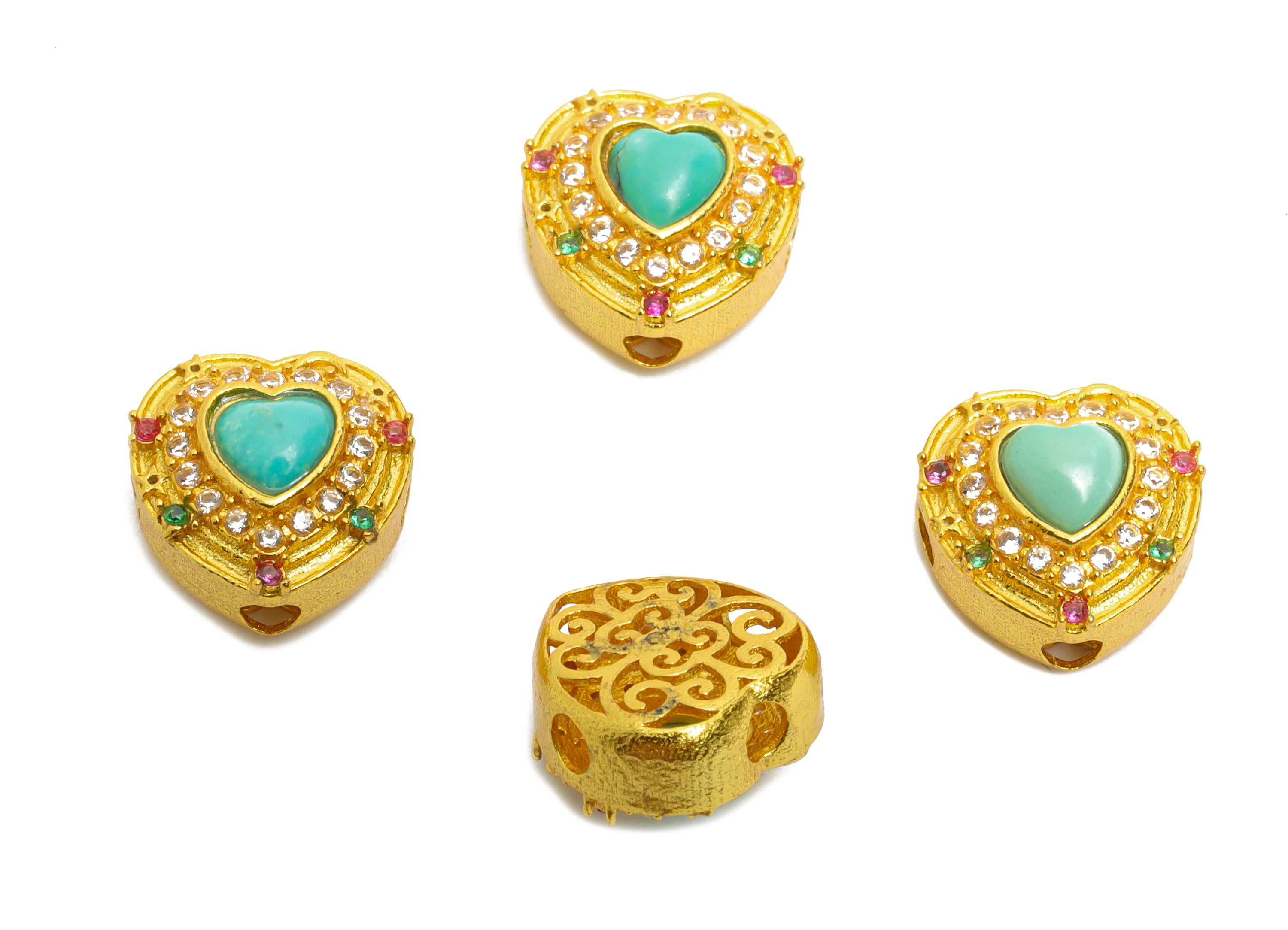 Brass Amber Heart Bead - Cubic Zircon Eastern Bead for Bracelet - Beaded Edge Spacer with Gem Detail - 24k Gold Plated - 9x9x5mm - RGP10729 - DOMEDBAZAAR