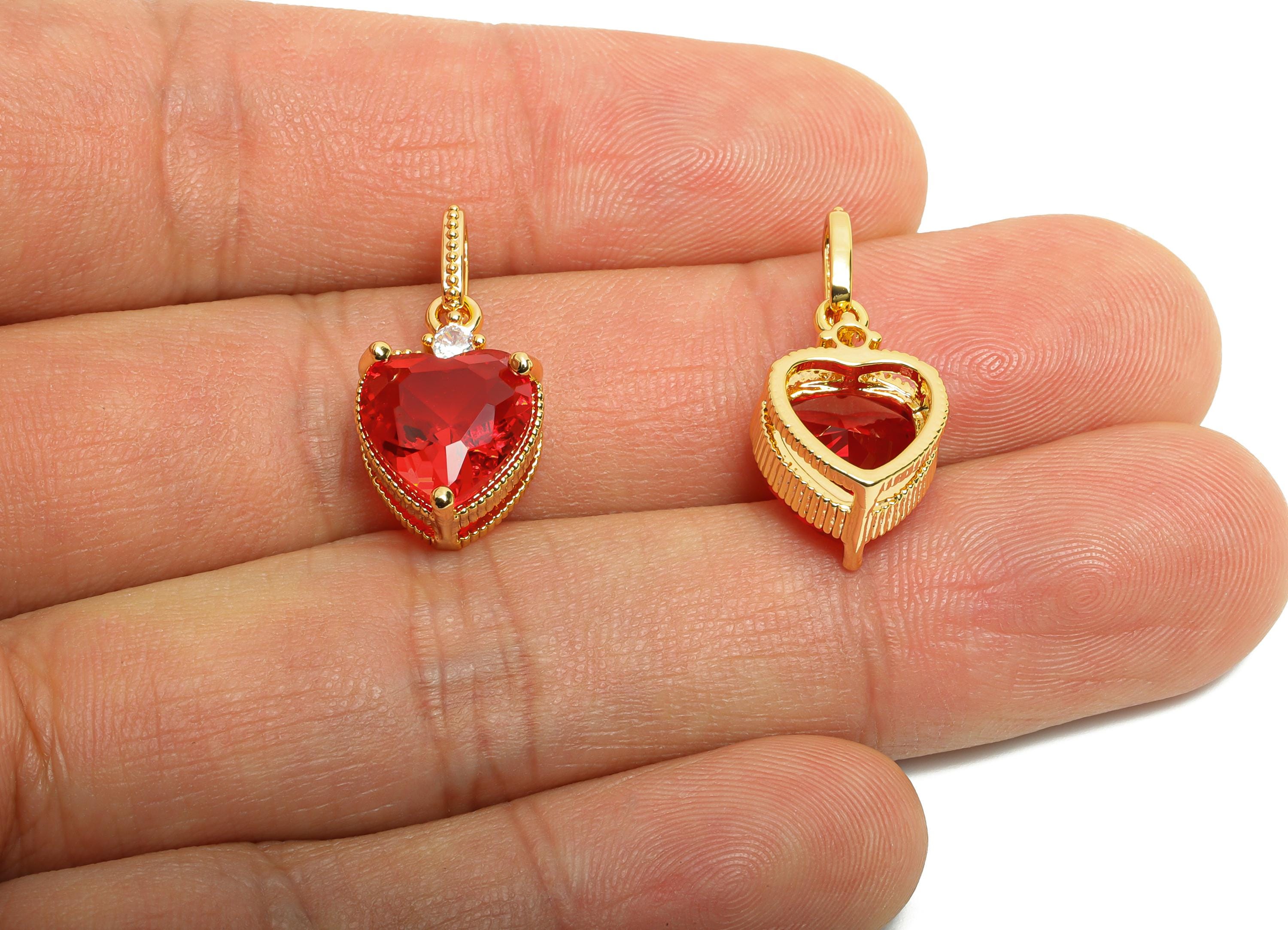 Brass Heart Crystal Pendant- Elegant Red Heart Zircon Necklace Pendant - Romantic Jewelry - 18K Real Gold Plated - 21.5x11x7.5mm - RGP10489 - DOMEDBAZAAR
