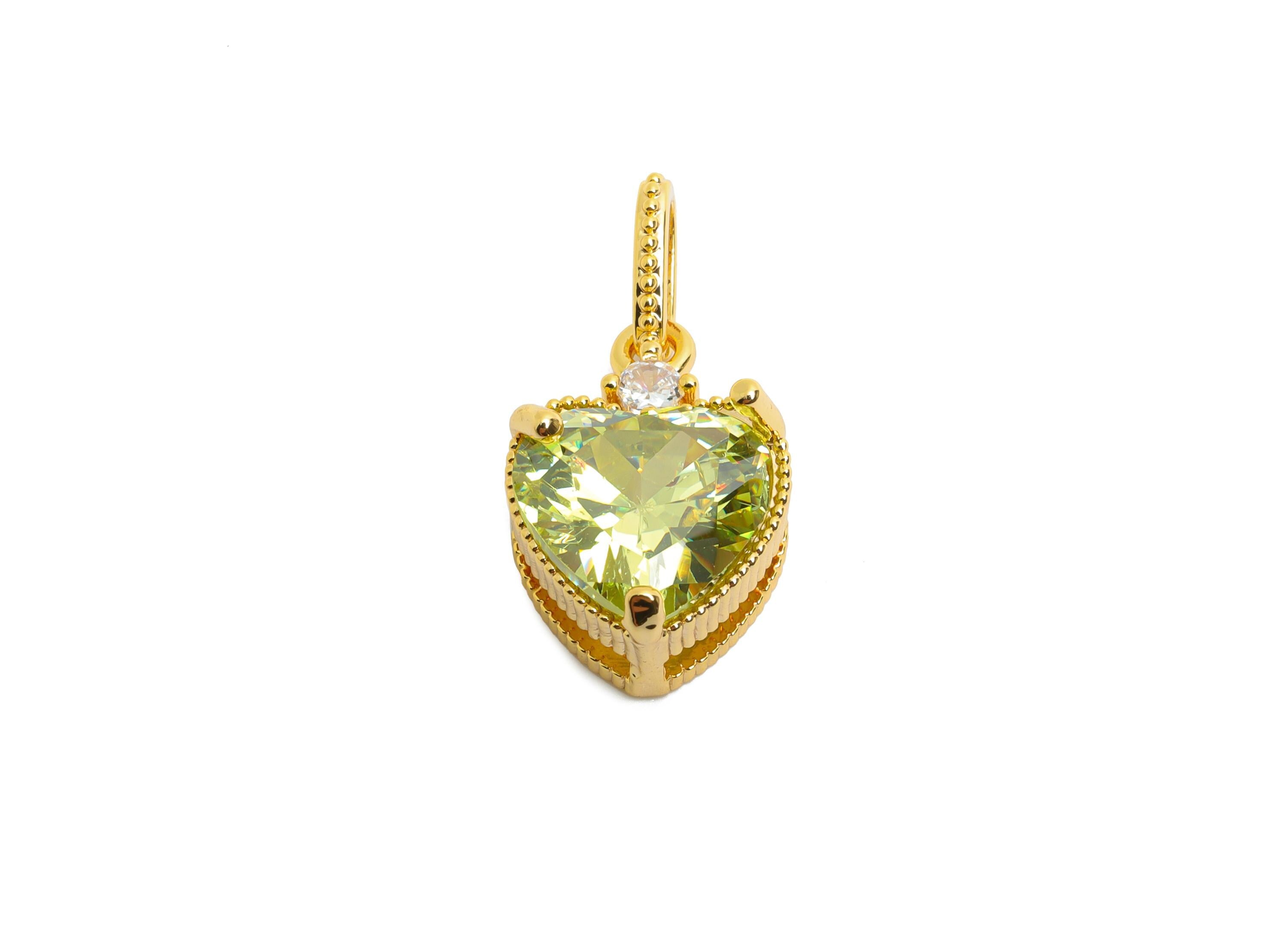 Brass Heart Crystal Pendant- Romantic Green Heart Zircon Necklace Pendant - Luxury Jewelry - 18K Real Gold Plated - 21.5x11x7.5mm - RGP10488 - DOMEDBAZAAR