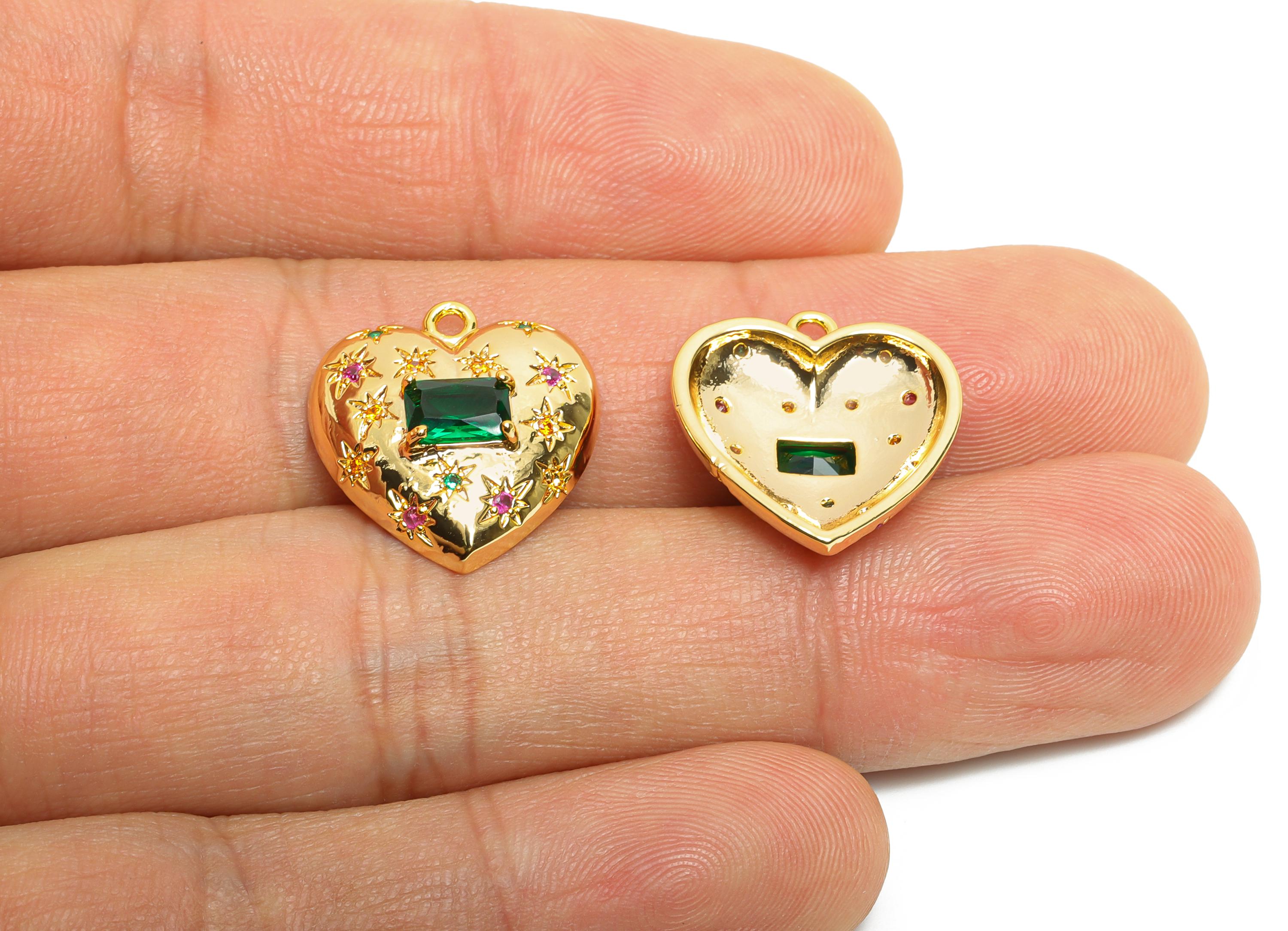 Brass Heart Crystal Charm - Sparkling Green Rectangle Crystal Charm - Refined Heart Jewelry - 18K Real Gold Plated - 18x16.6x4.8mm -RGP10487 - DOMEDBAZAAR