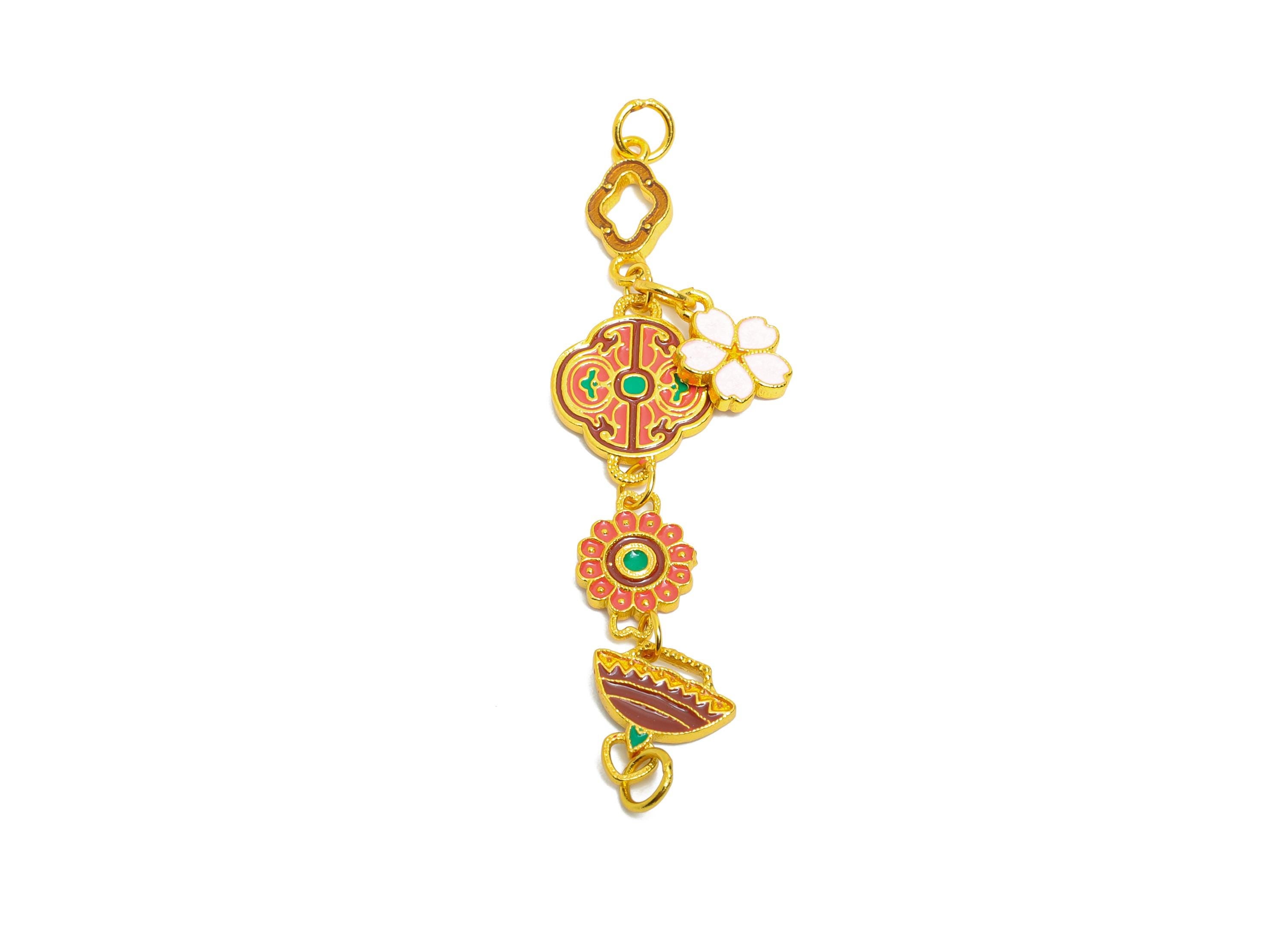 Brass Enamel Charms for Necklace or Bracelet - Colorful Handcrafted Accent Charms for Jewelry - 24k Gold Plated - 46x9.7x1mm - RGP10726 - DOMEDBAZAAR