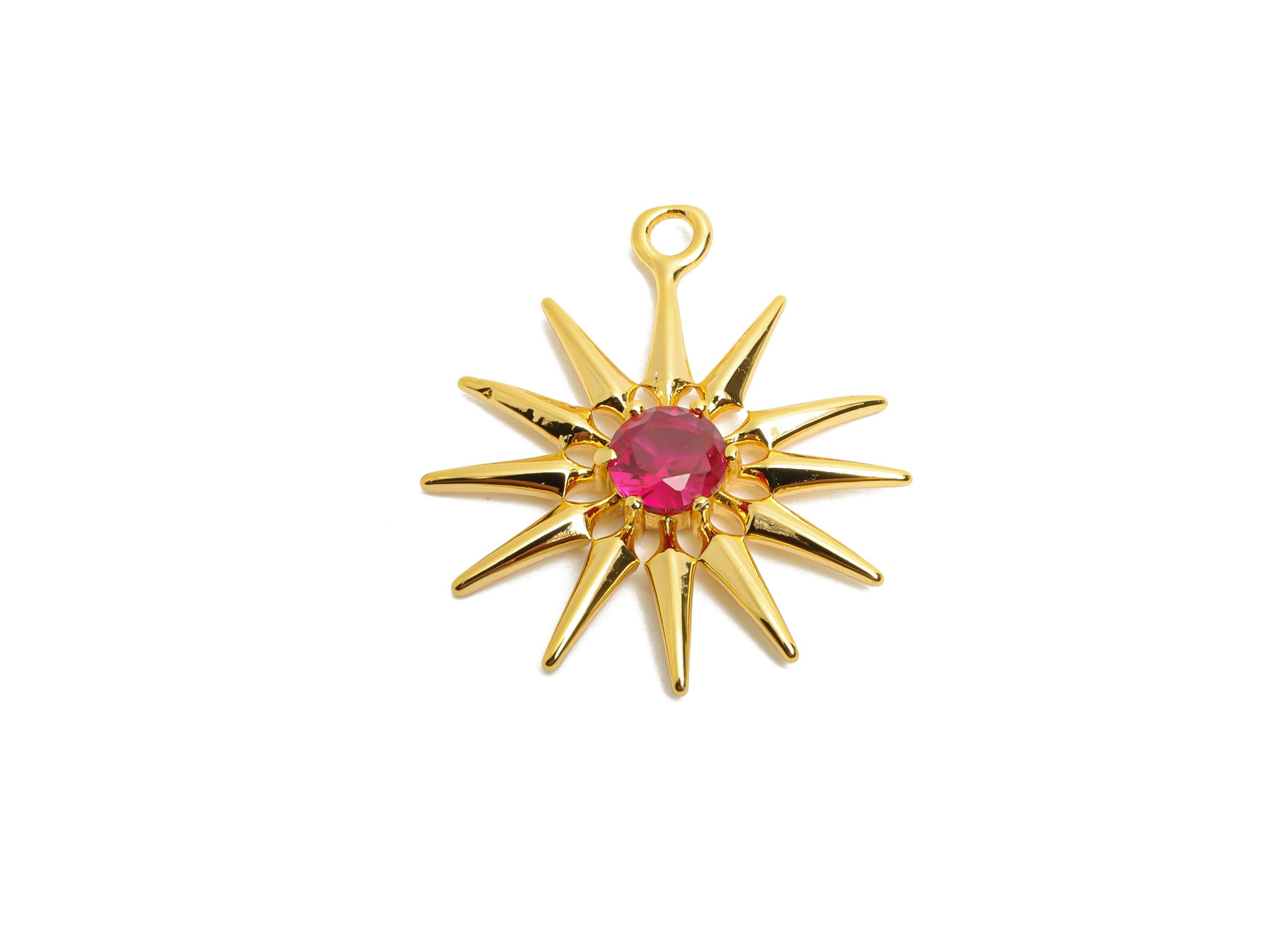 Brass Sunburst Crystal Charms - Luxury Pink Celestial Sun Charms - Dazzling Gold Jewelry - 18K Real Gold Plated - 23.85x19x3.34mm - RGP10473 - DOMEDBAZAAR