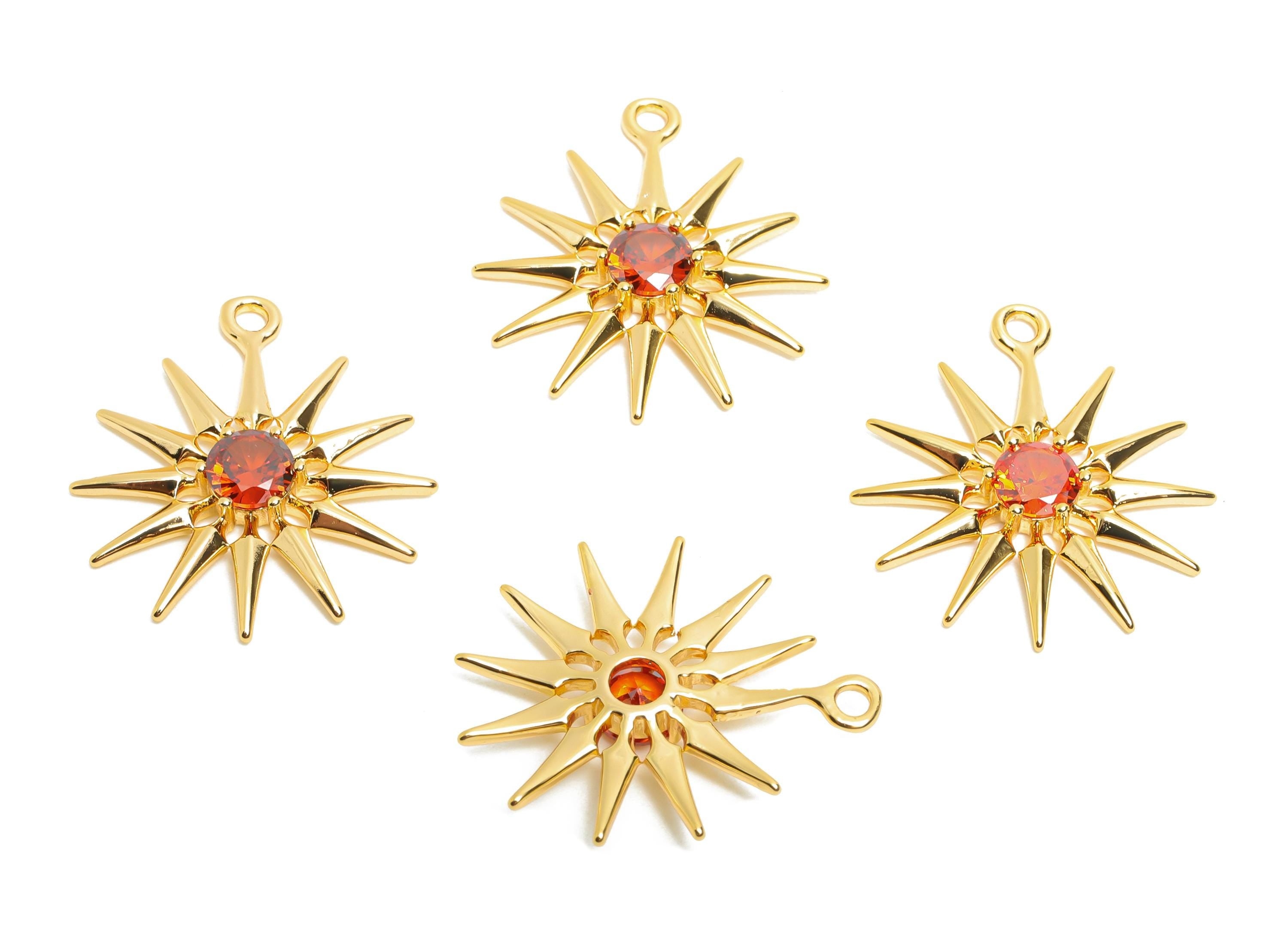 Brass Sunburst Crystal Charms - Sparkling Red Celestial Sun Charms - Luxury Gold Jewelry - 18K Real Gold Plated - 23.85x19x3.34mm - RGP10474 - DOMEDBAZAAR