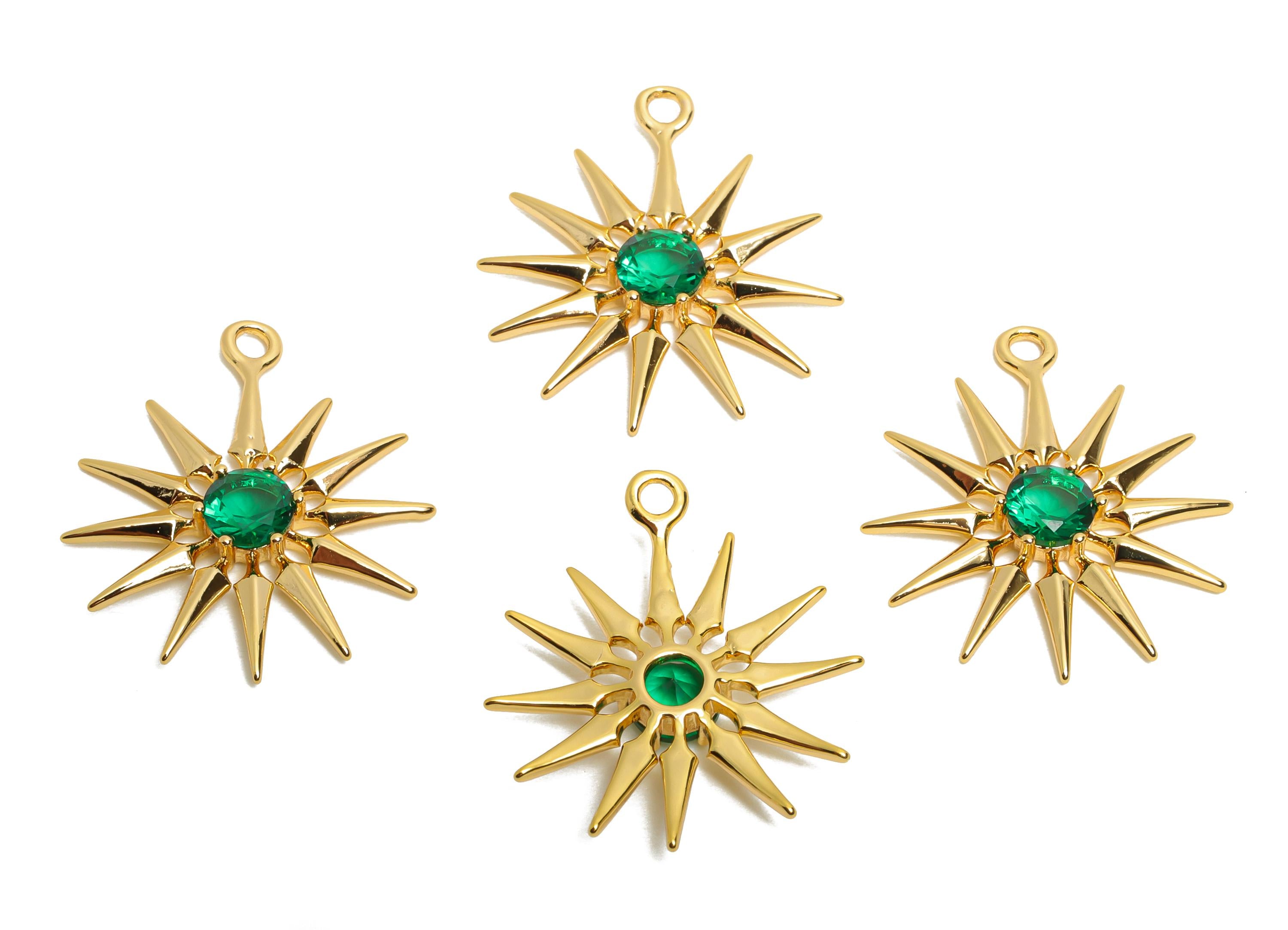 Brass Sunburst Crystal Charms - Dazzling Green Celestial Sun Charm - Dainty Gold Jewelry - 18K Real Gold Plated - 23.85x19x3.34mm - RGP10475 - DOMEDBAZAAR
