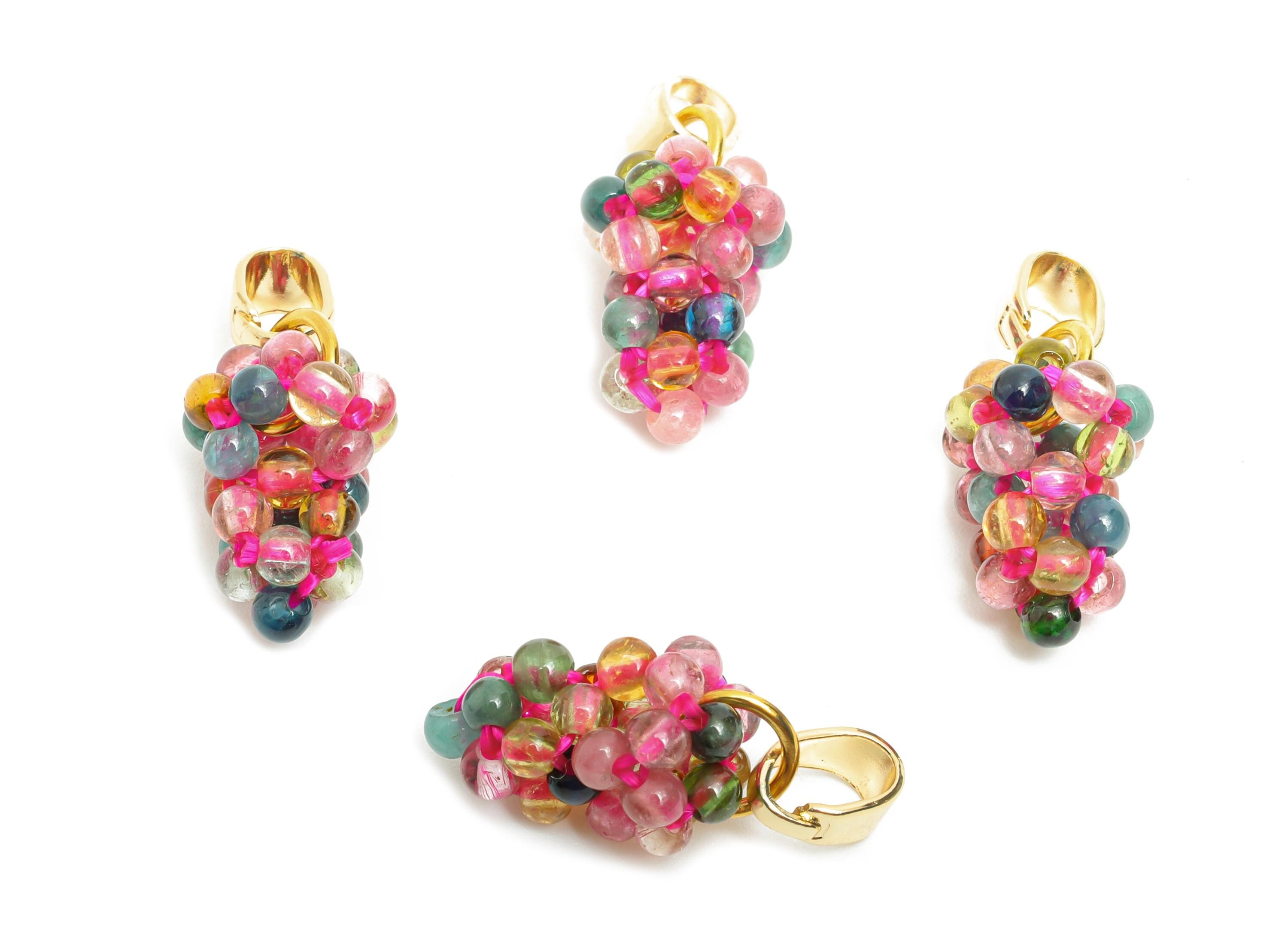 Brass Multicolor Grape Cluster Charm - Beaded Grape Pendant With Bail - Vibrant Tourmaline Bead - 18K Real Gold Plated - 23x8x9mm-RGP10738G - DOMEDBAZAAR