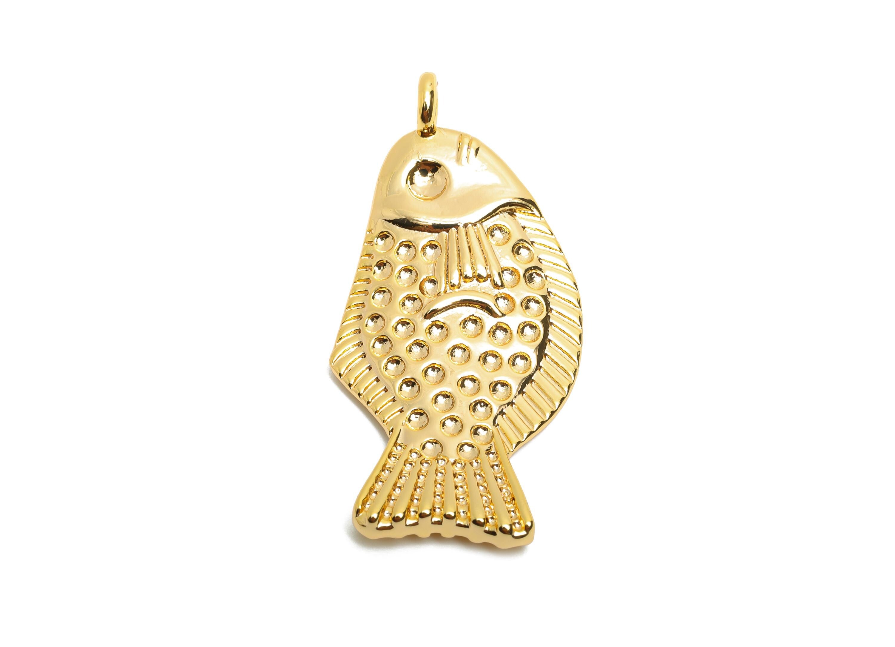 Gold Brass Fish Pendant - Textured Marine Fish Necklace Pendant - Jewelry Accessory - 18K Real Gold Plated - 45.63x22.85x6.43mm - RGP10472 - DOMEDBAZAAR