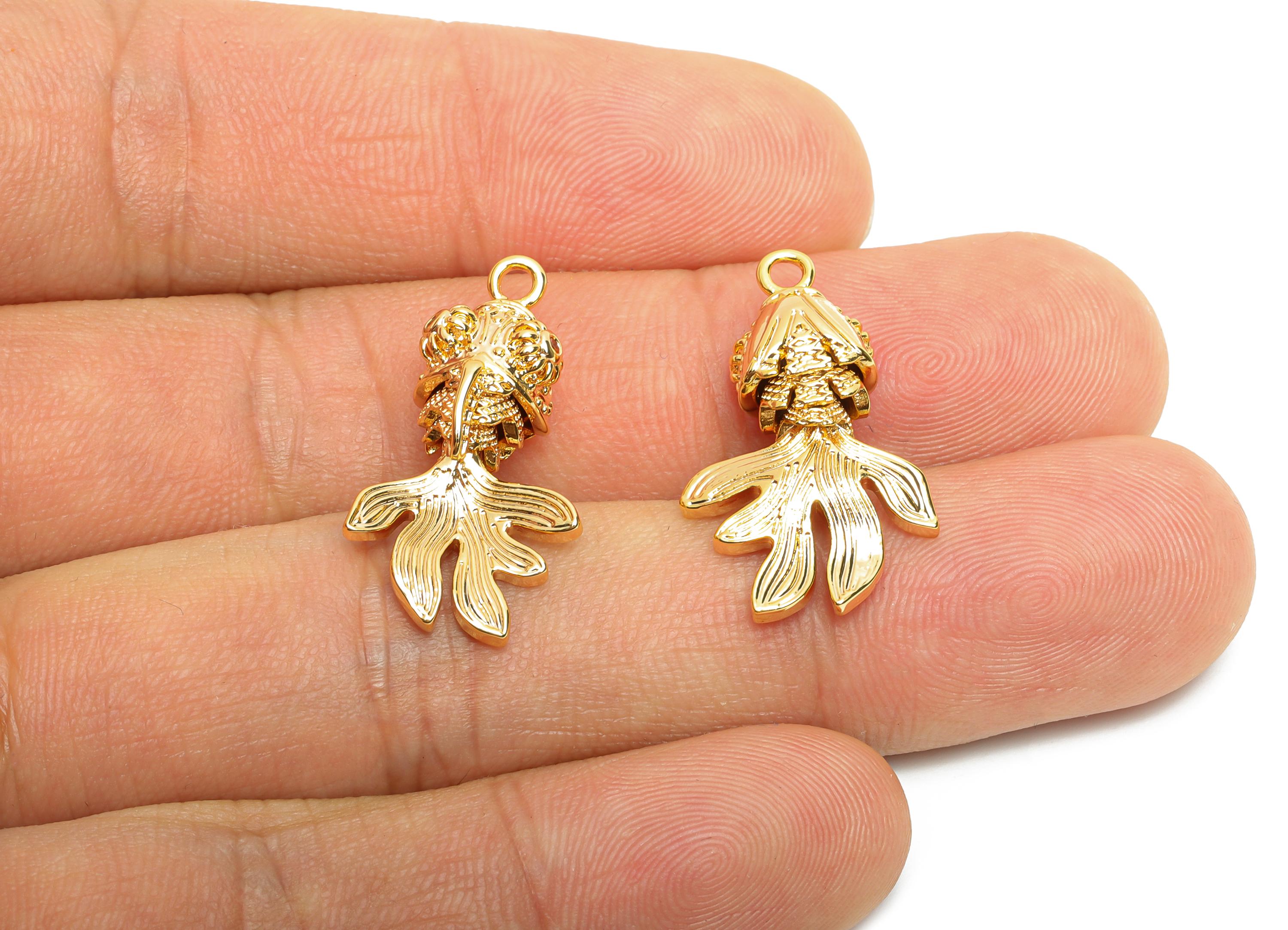 Movable 3D Goldfish Charm - Brass Textured Articulated Marine Pendant - Handmade Fish Jewelry - 18K Gold Plated - 25.52x13.9x8mm - RGP10509 - DOMEDBAZAAR