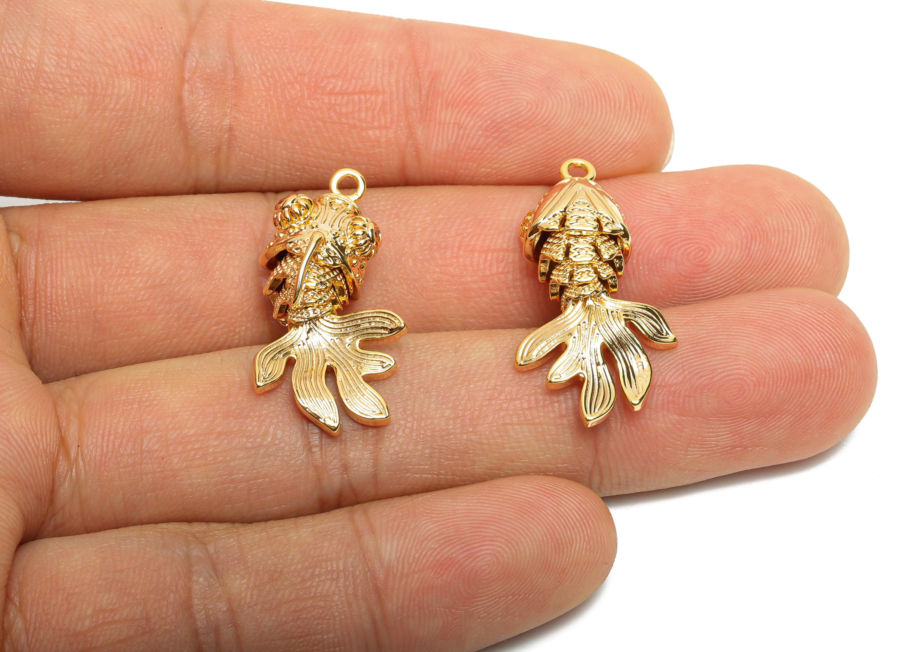 Brass 3D Goldfish Charm - Textured Articulated Marine Pendant - Handmade Movable Fish Jewelry - 18K Gold Plated - 28.38x12x10.85mm -RGP10511 - DOMEDBAZAAR