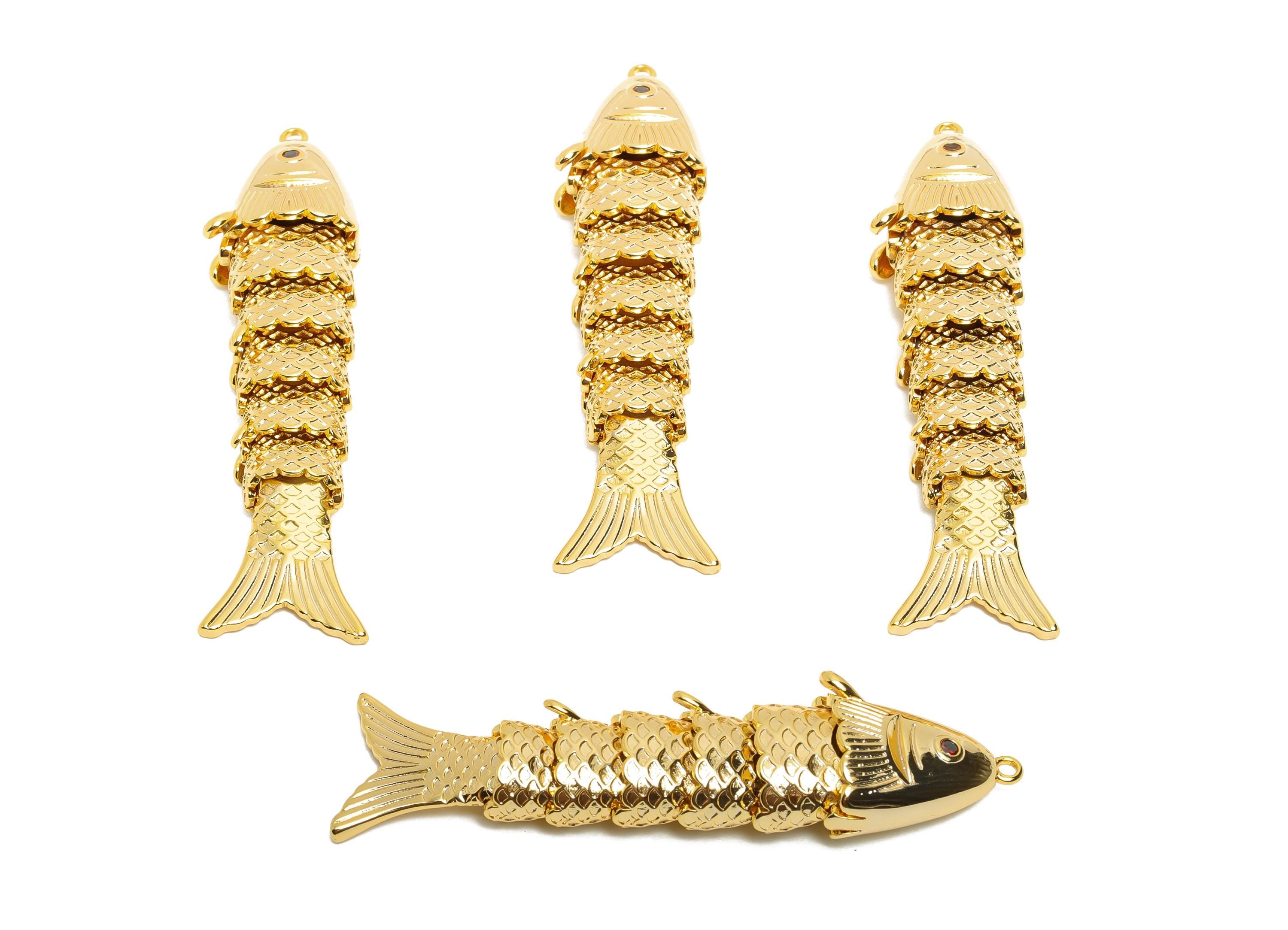 Brass Cloisonne Fish Charm - Unique Movable Fish Pendant - CZ Handmade Articulated Fish - 18K Real Gold Plated - 60.65x15.38x9.7mm -RGP10513 - DOMEDBAZAAR