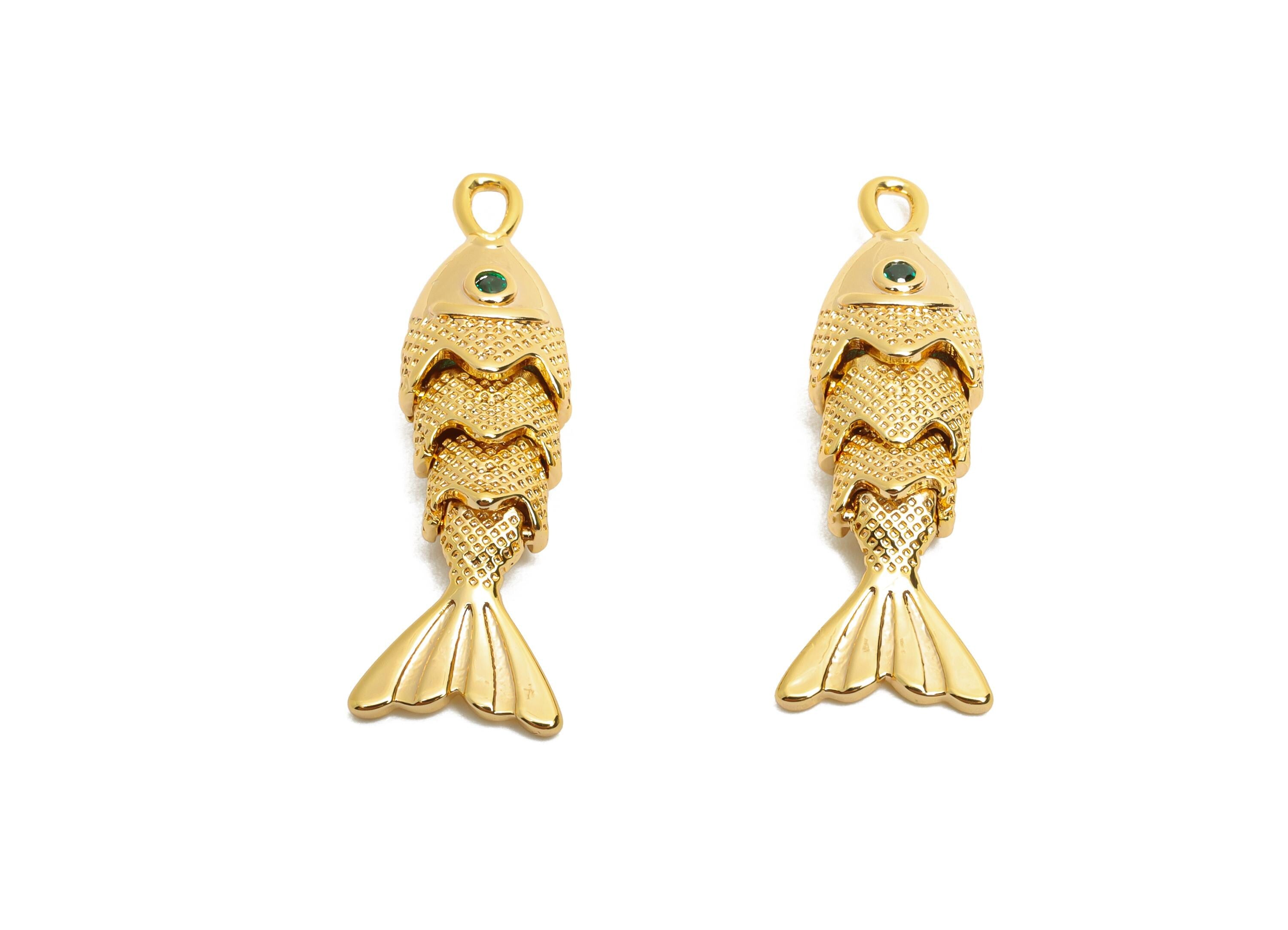 Dainty Gold Cloisonne Fish Charm - Brass Movable Fish Pendant - CZ Handmade Articulated Fish - 18K Real Gold Plating - 26.7x9x5mm - RGP10518 - DOMEDBAZAAR