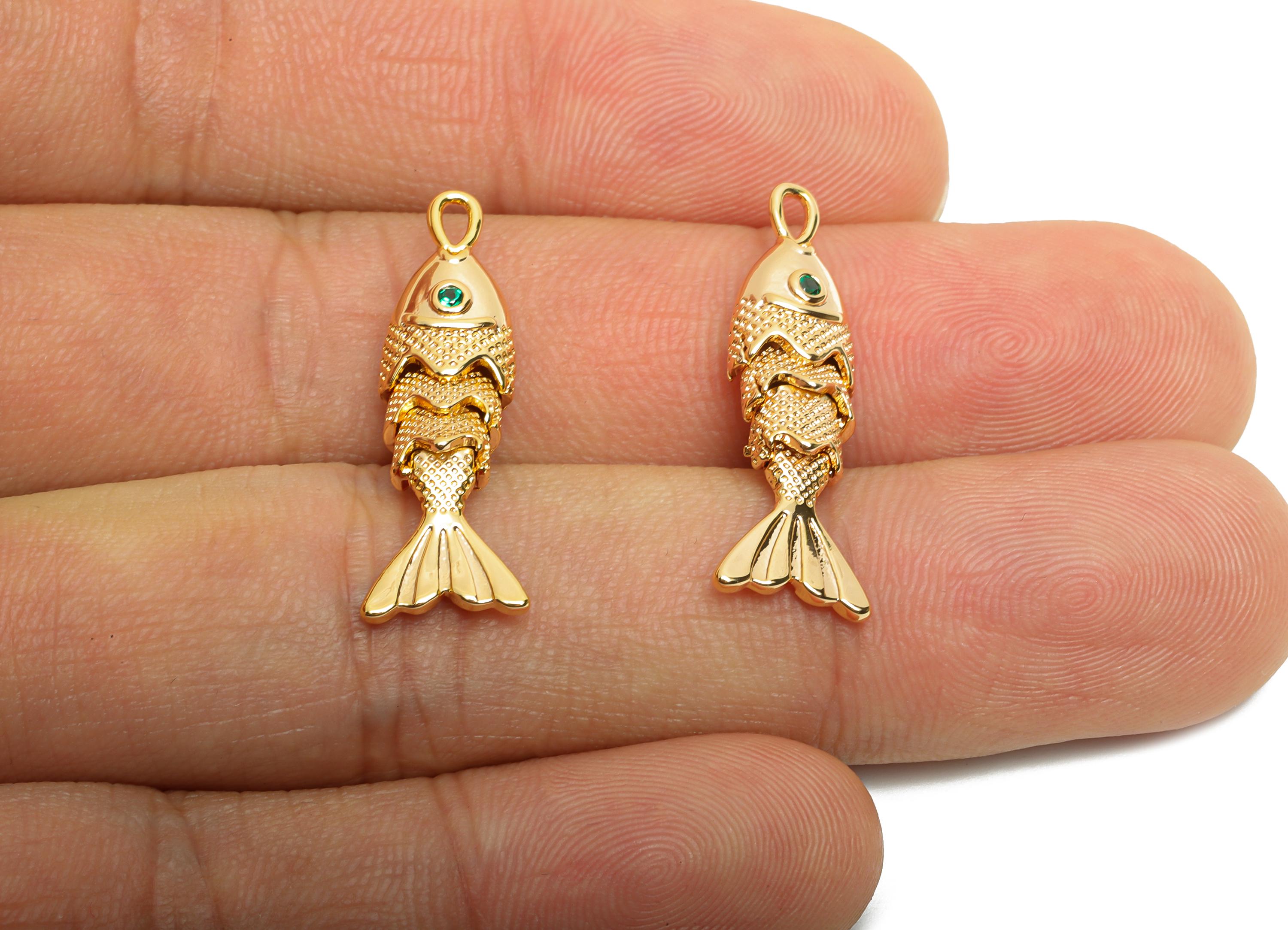 Dainty Gold Cloisonne Fish Charm - Brass Movable Fish Pendant - CZ Handmade Articulated Fish - 18K Real Gold Plating - 26.7x9x5mm - RGP10518 - DOMEDBAZAAR