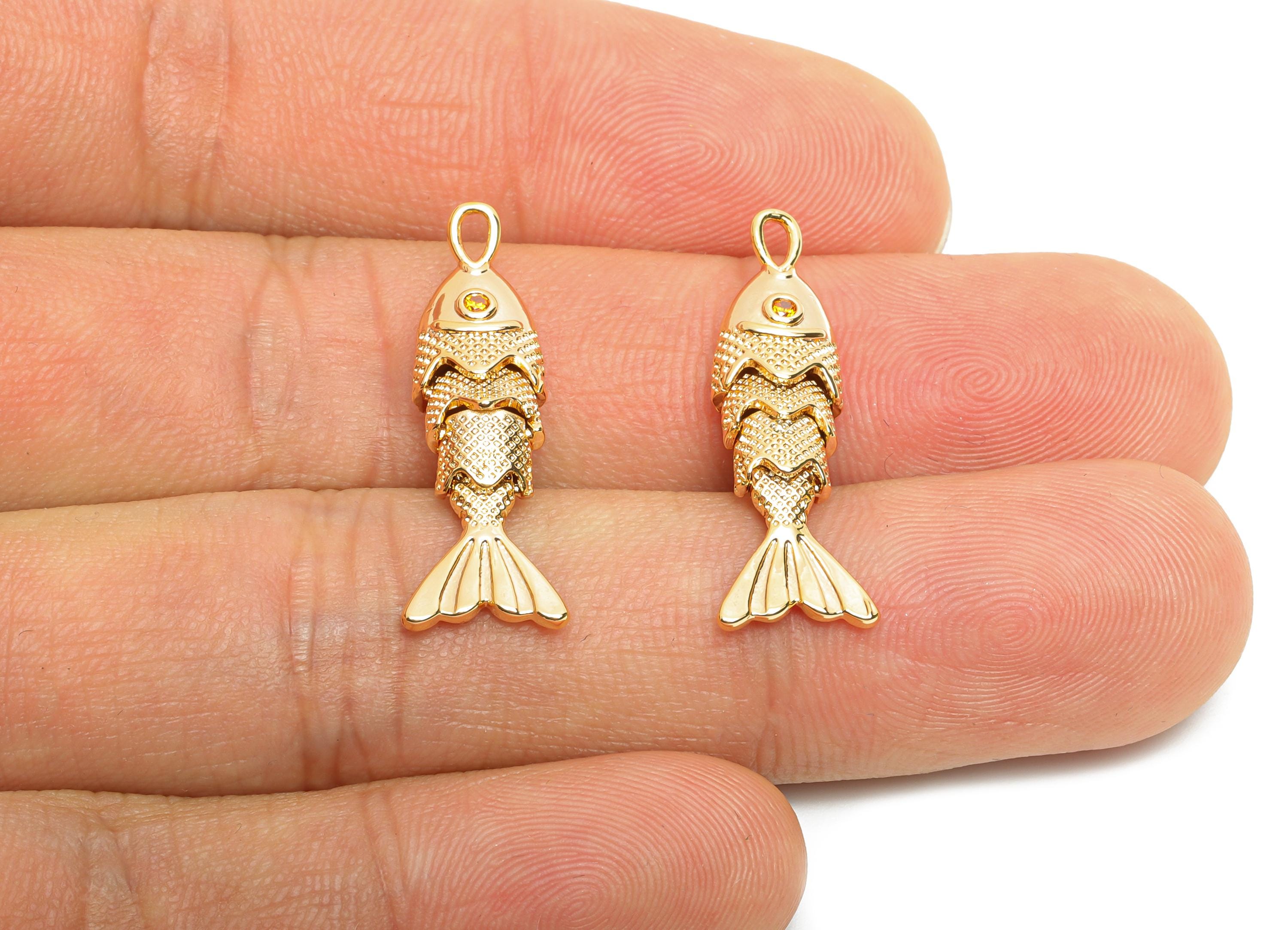 Dainty Gold Cloisonne Fish Charm - Brass Movable Fish Pendant - CZ Handmade Articulated Fish - 18K Real Gold Plating - 26.7x9x5mm - RGP10519 - DOMEDBAZAAR