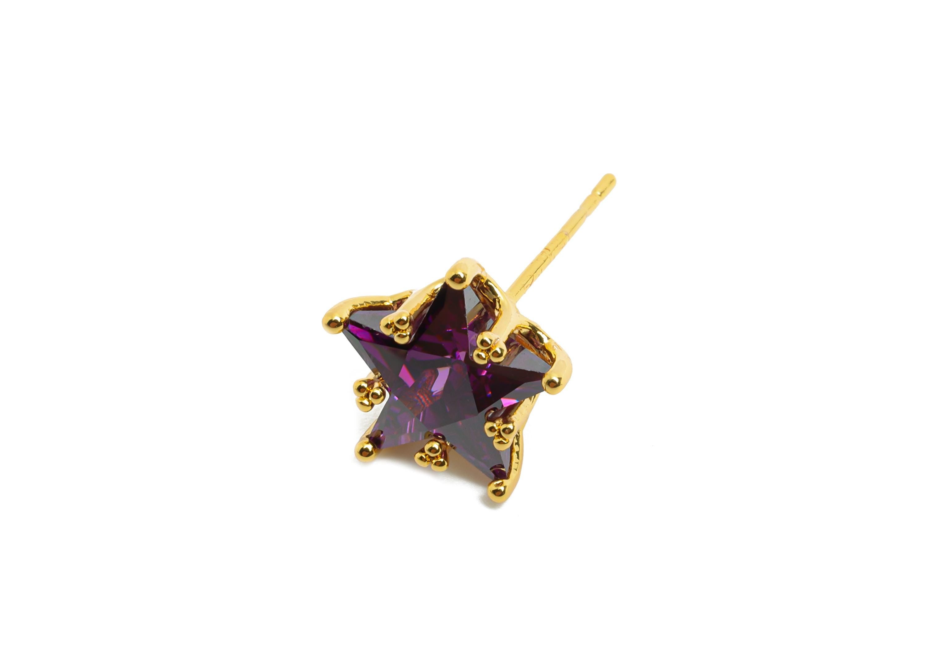 Brass Star Crystal Stud - Dainty Purple Crystal Earring Post - Gold Five-Pointed Star Stud - 18K Real Gold Plated - 11x10.9x7.6mm - RGP10481 - DOMEDBAZAAR