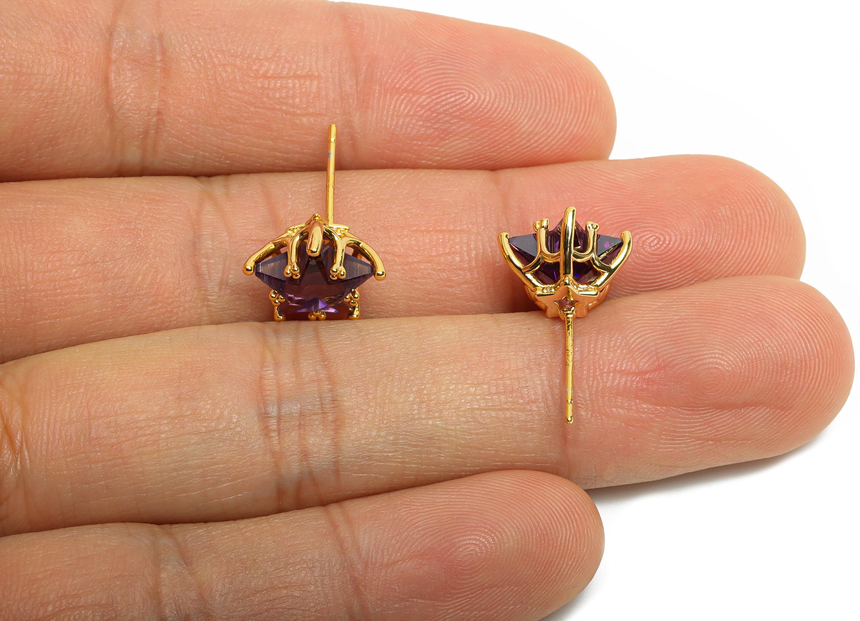 Brass Star Crystal Stud - Dainty Purple Crystal Earring Post - Gold Five-Pointed Star Stud - 18K Real Gold Plated - 11x10.9x7.6mm - RGP10481 - DOMEDBAZAAR