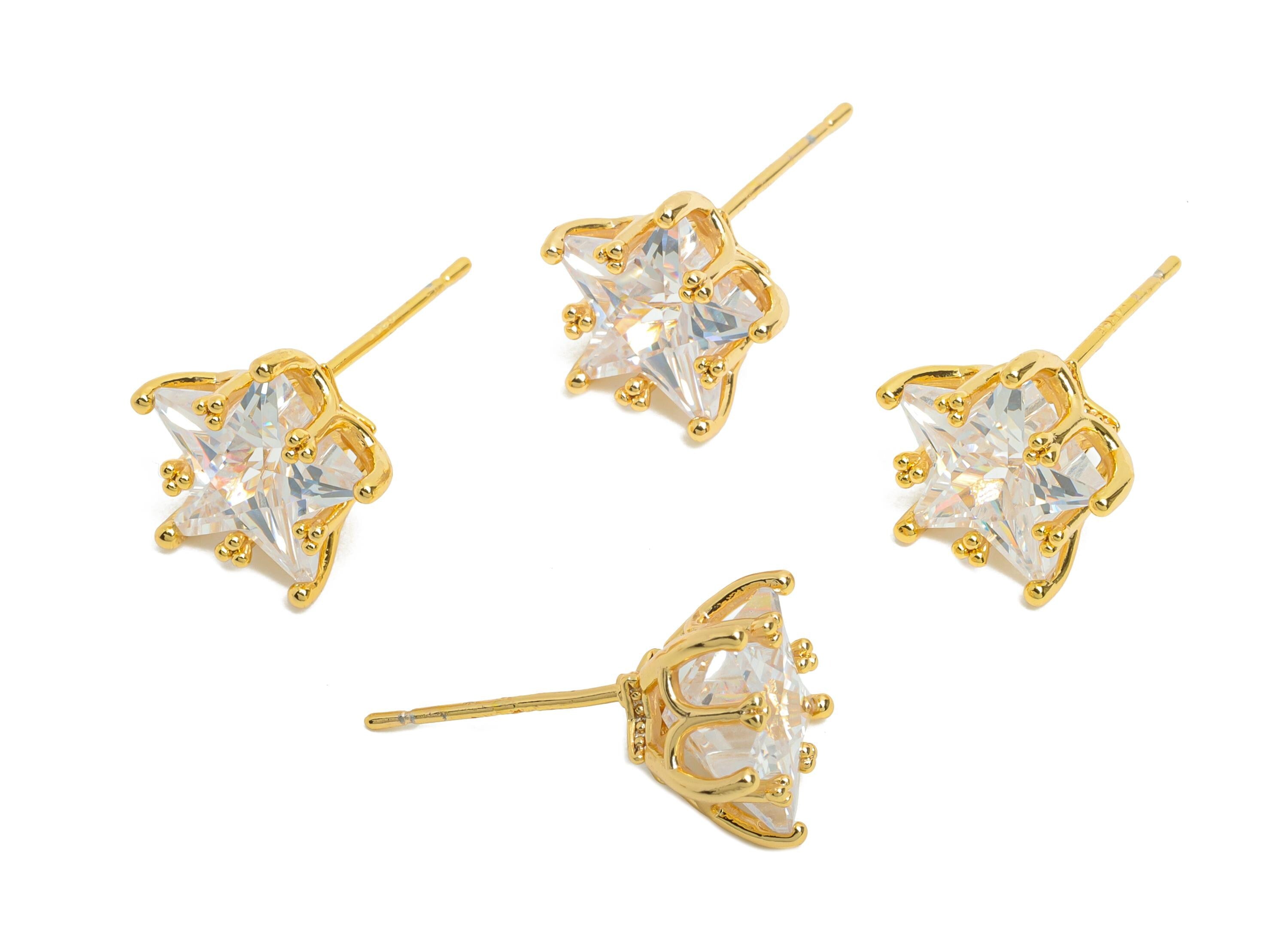 Brass Star Crystal Studs - Dainty Crystal Earring Post - Gold Five-Pointed Star Studs - 18K Real Gold Plated - 11.5x10.9x7.6mm - RGP10482 - DOMEDBAZAAR