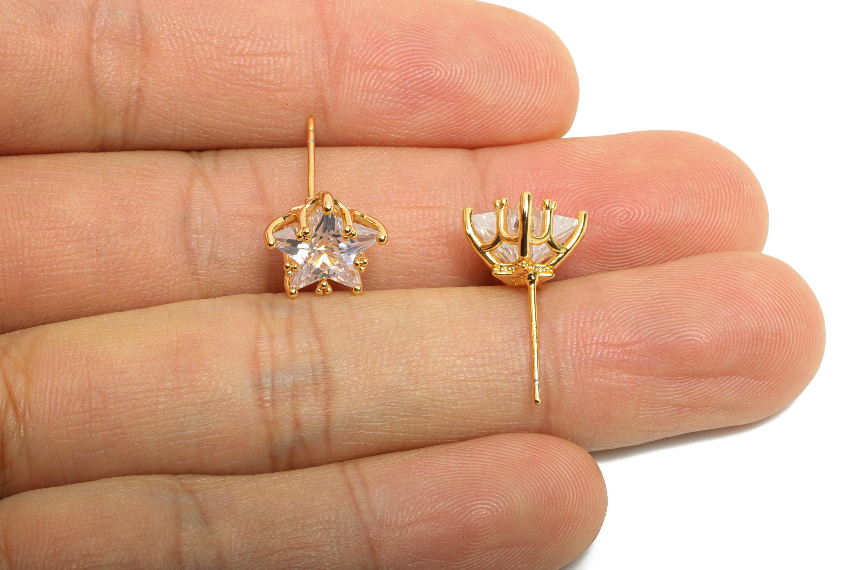 Brass Star Crystal Studs - Dainty Crystal Earring Post - Gold Five-Pointed Star Studs - 18K Real Gold Plated - 11.5x10.9x7.6mm - RGP10482 - DOMEDBAZAAR