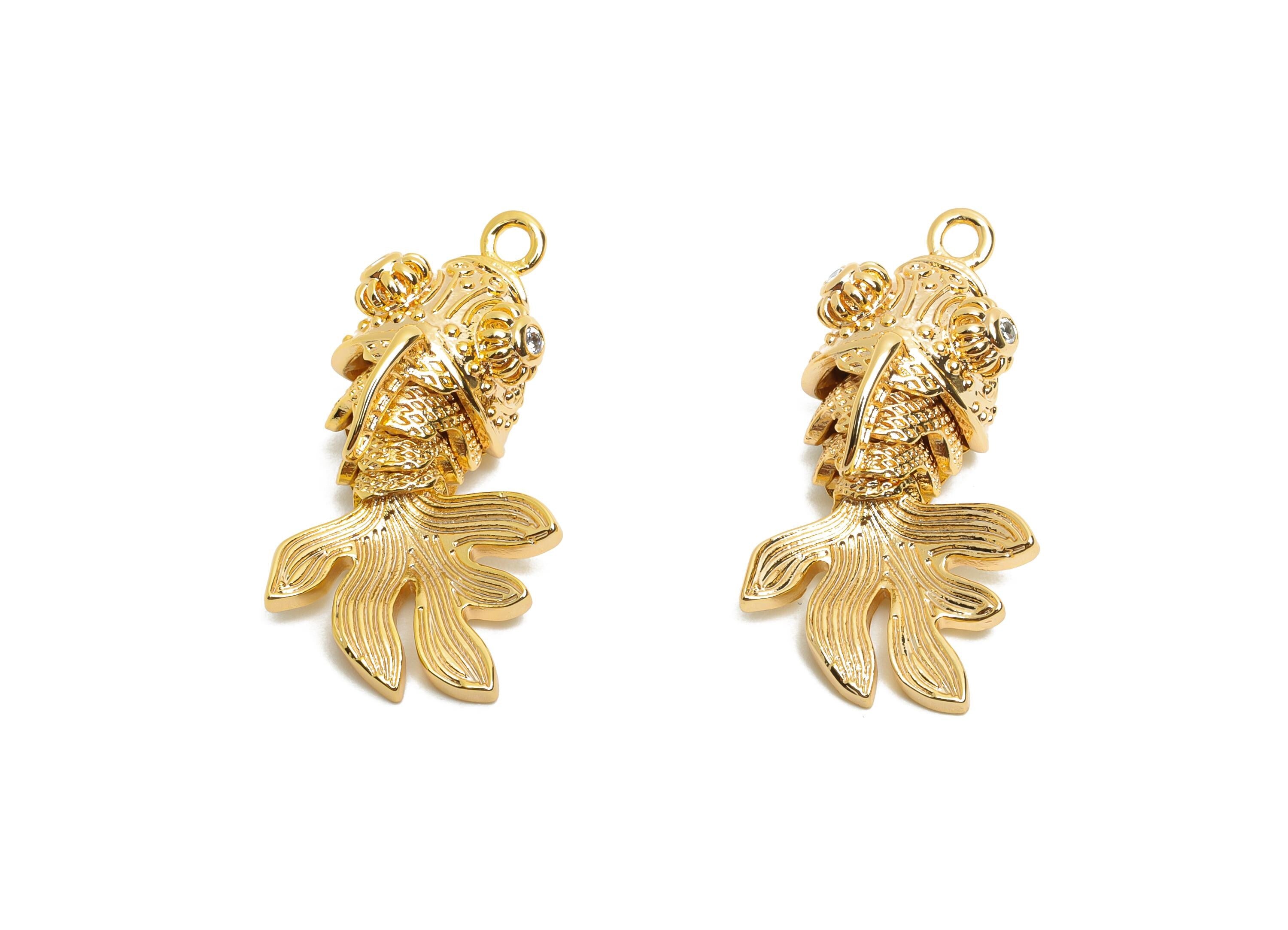 Movable 3D Articulated Fish Charm - Brass Textured CZ Articulated Flexible Marine Pendant - 18K Real Gold Plated - 28x12x10.85mm - RGP10510 - DOMEDBAZAAR