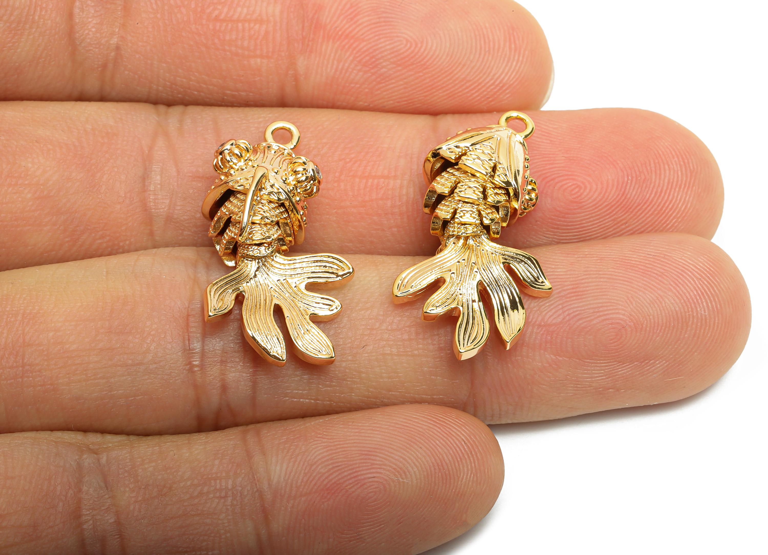 Movable 3D Articulated Fish Charm - Brass Textured CZ Articulated Flexible Marine Pendant - 18K Real Gold Plated - 28x12x10.85mm - RGP10510 - DOMEDBAZAAR