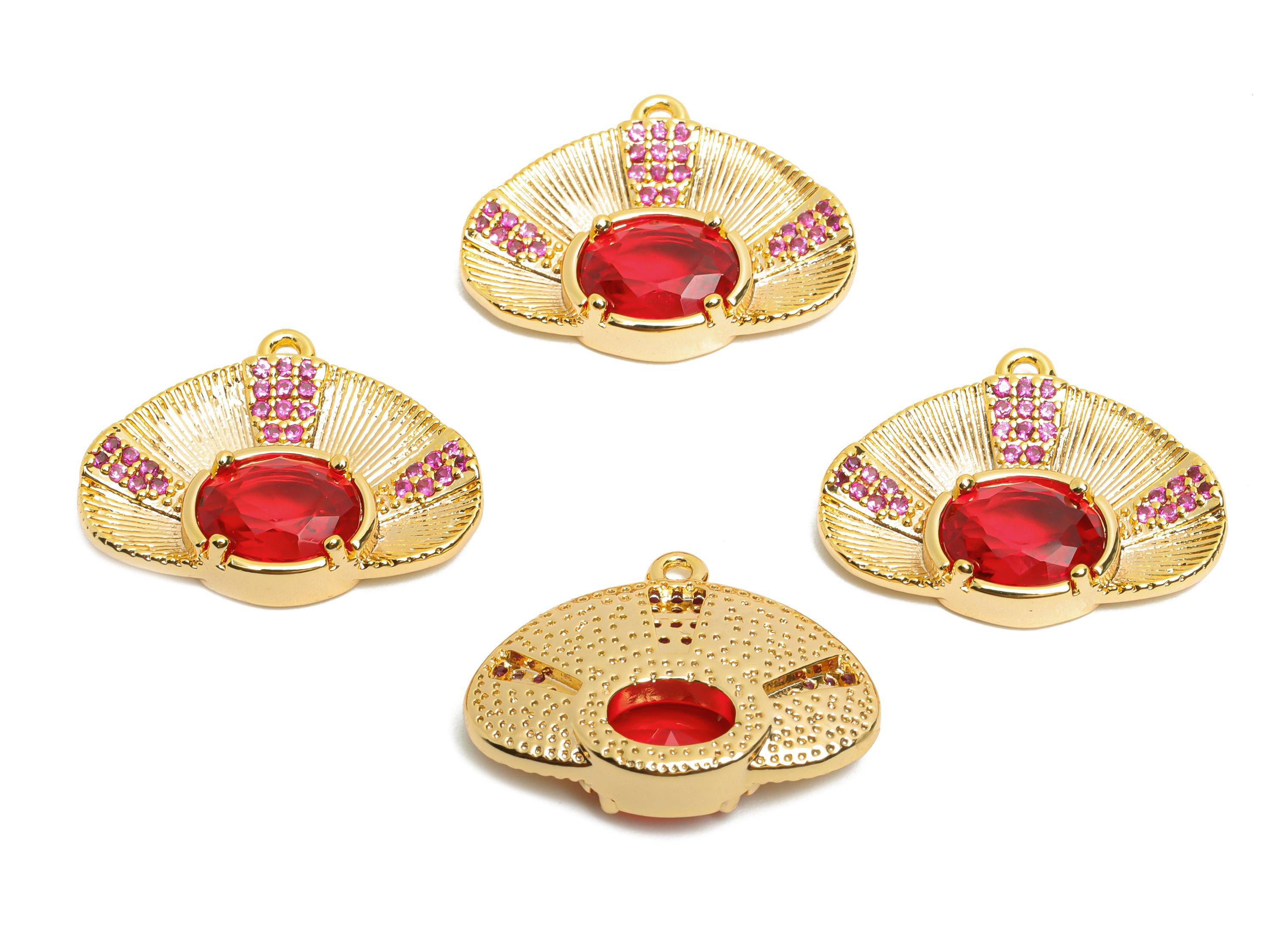 Gold Crystal Fan Pendant - Brass Sparking Crystal Charm - Dainty Crystal Gold Pendant - 18K Real Gold Plated - 22x17.78x4.92mm- RGP10467 - DOMEDBAZAAR