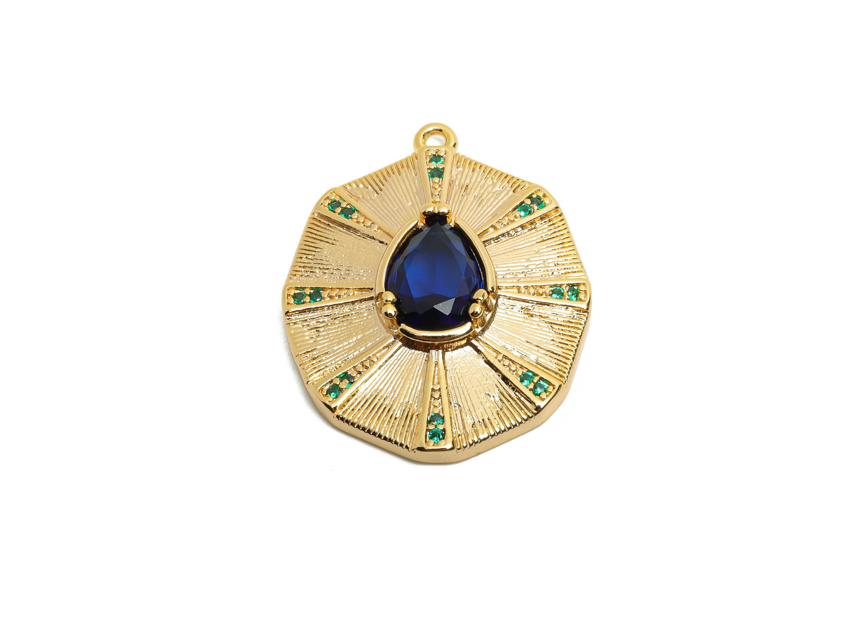 Brass Geometric Crystal Charms - Vintage Sunburst Pendant - Textured Artistic Jewelry - 18K Real Gold Plated - 28.7x22.73x5.2mm - RGP10508 - DOMEDBAZAAR